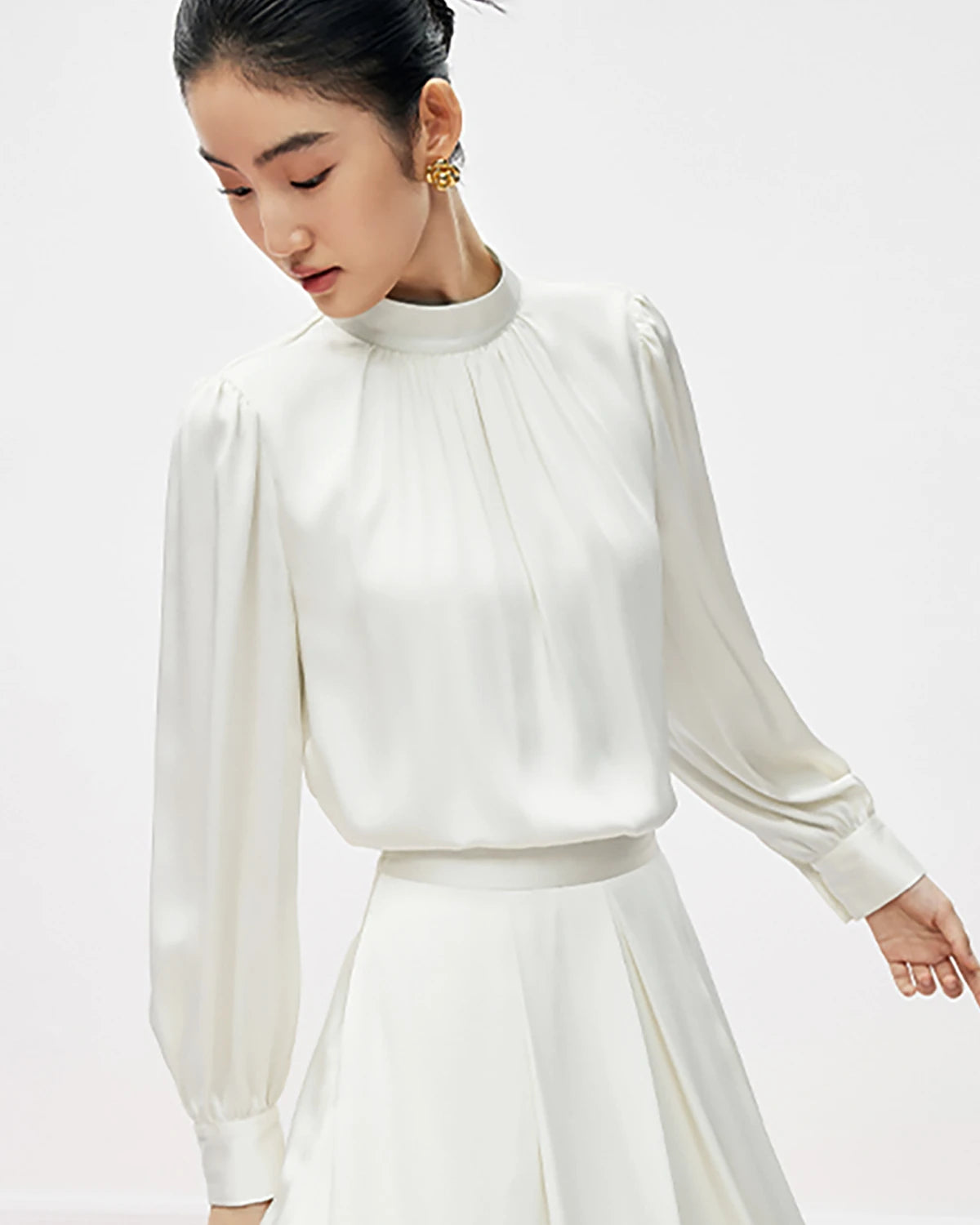 Elegant Mock Neck Pleated Silk Blouse for Women - Chic Office Wear & Evening Party Outfit