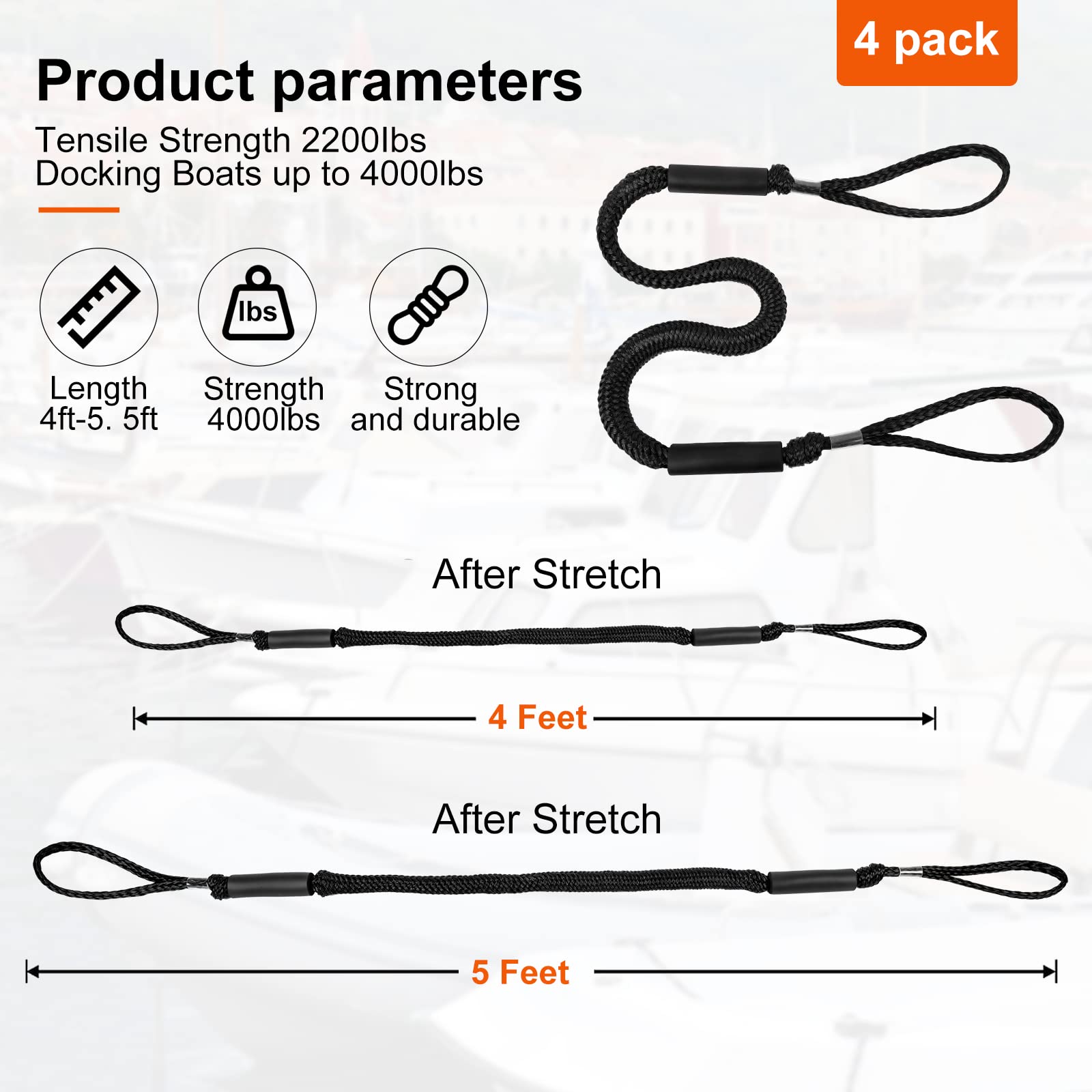 4 Feet Bungee Dock Lines with Shock Absorbing Cords - Heavy Duty Mooring Rope for Boats, PWCs, Jet Skis, Pontoons, Kayaks & Canoes - Perfect for Secure Docking in Rough Waters & Marina Use