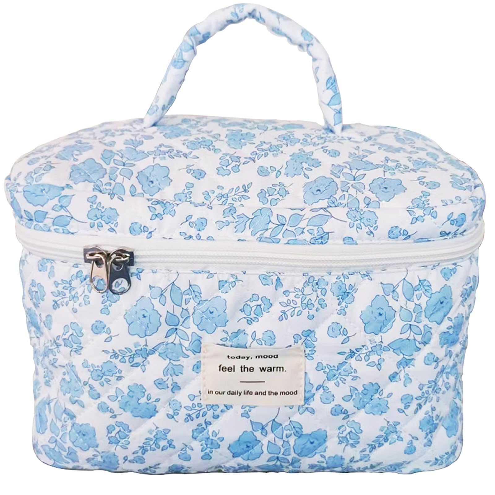 Large Quilted Makeup Bag for Women - Big Floral Cotton Cosmetic Organizer, Travel Toiletry Bag with Cute Coquette Aesthetic Design | Perfect for Travel, Gym & Daily Beauty Storage (Women & Girls)