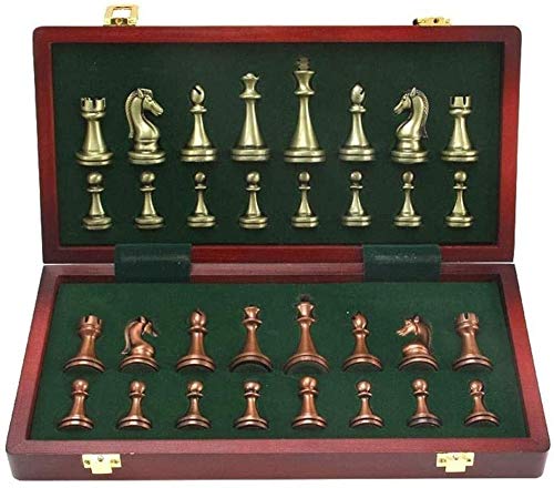 Premium International Chess Set - Large Metal Deluxe Retro Copper Plated Alloy Pieces with Portable Wooden Storage Box | Folding Board Game for Adults | Perfect for Travel, Home Decor & Gift Giving