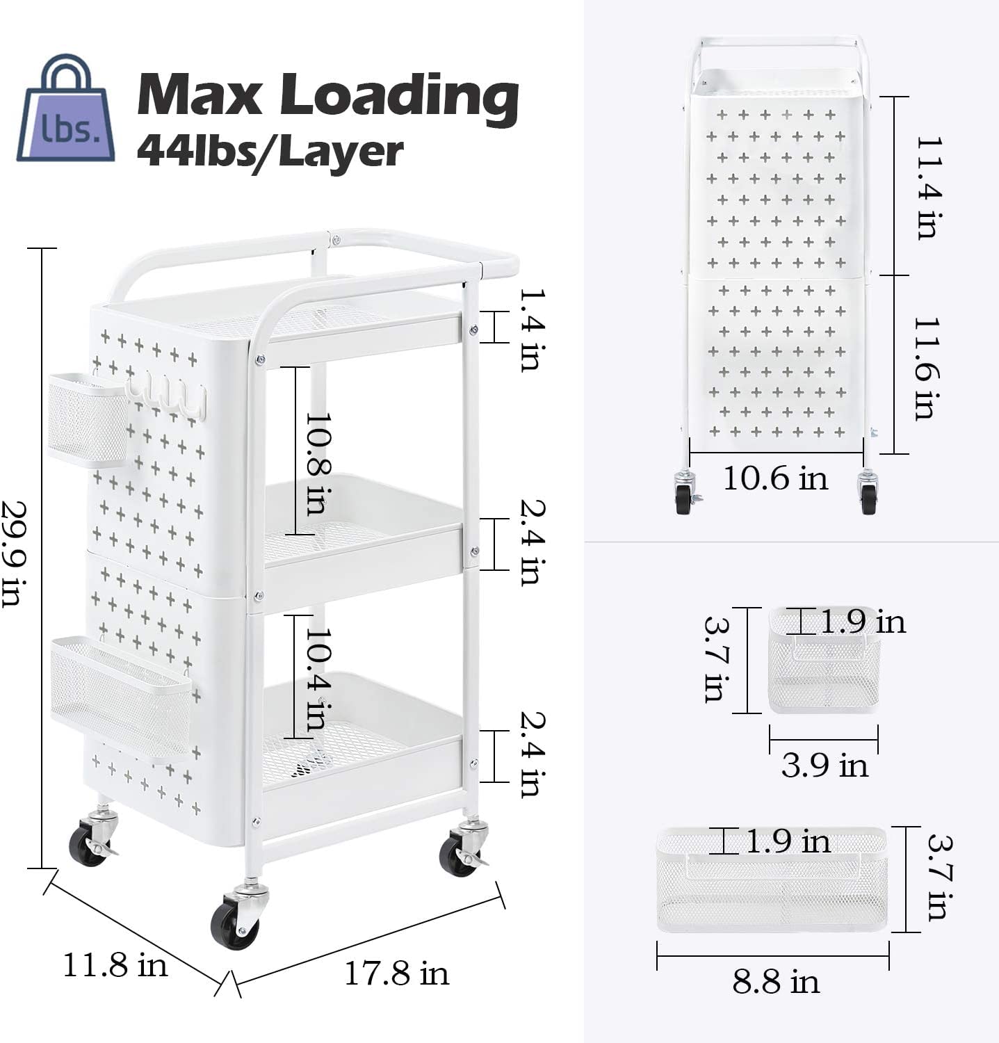 KINGRACK 3-Tier Rolling Utility Cart with Pegboard & Wheels - Metal Storage Cart with Handle for Kitchen, Office, Classroom, Craft Room - Classic White Organizer for Home, School & Workspace