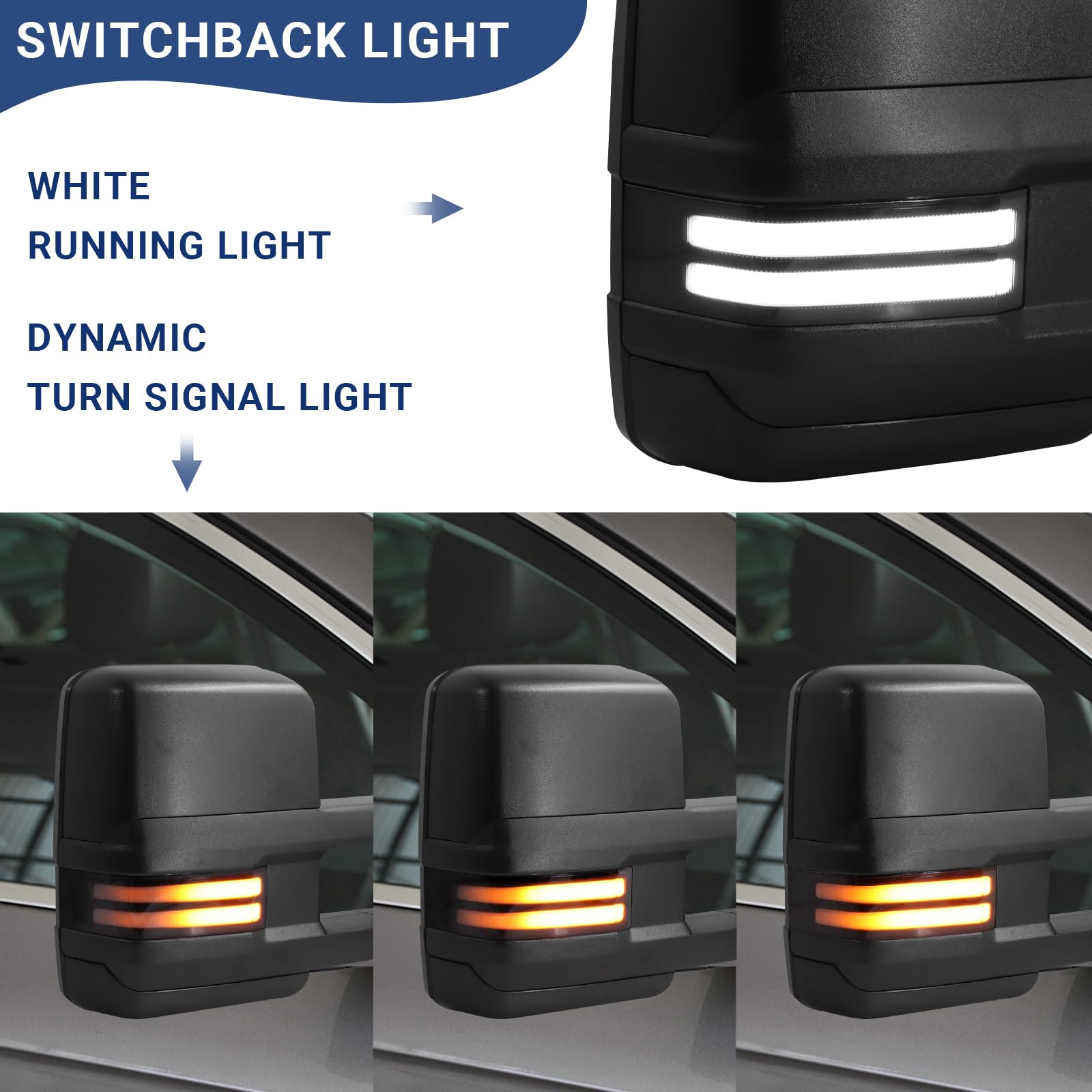 Switchback Towing Mirrors for 2003-2007 Chevy Silverado & GMC Sierra - Power Adjustable Heated Glass with Running Lights, Turn Signals & Backup Lamps (Black) | Enhanced Visibility for Towing & Night Driving