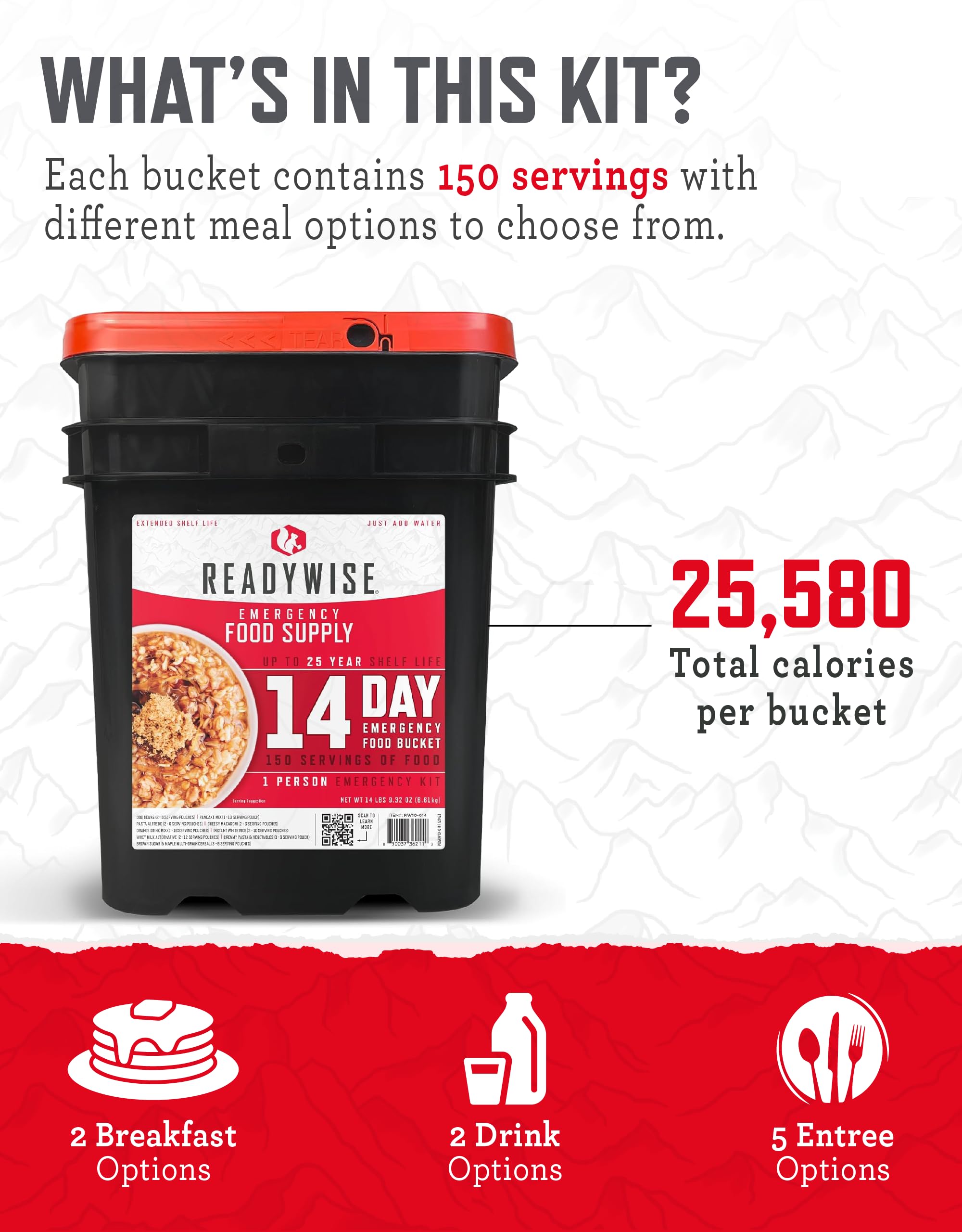 READYWISE 14-Day Emergency Food Supply - 150 Servings Freeze-Dried Survival Food Bucket | 25-Year Shelf Life | Camping, Hiking, Disaster Preparedness & Emergency Survival Kit for Outdoor Adventures