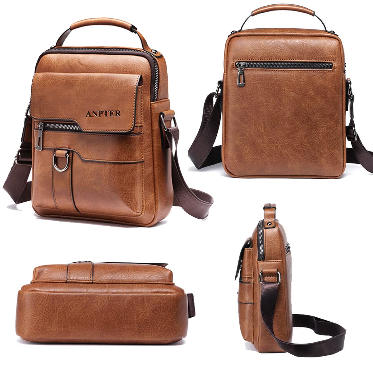 ANPTER Men's PU Leather Messenger Bag - Crossbody Shoulder Bag for School, Travel, Work & Hiking - Durable Sling Satchel for Daily Use (Brown) - Perfect for Commuting, Business Trips & Outdoor Adventures