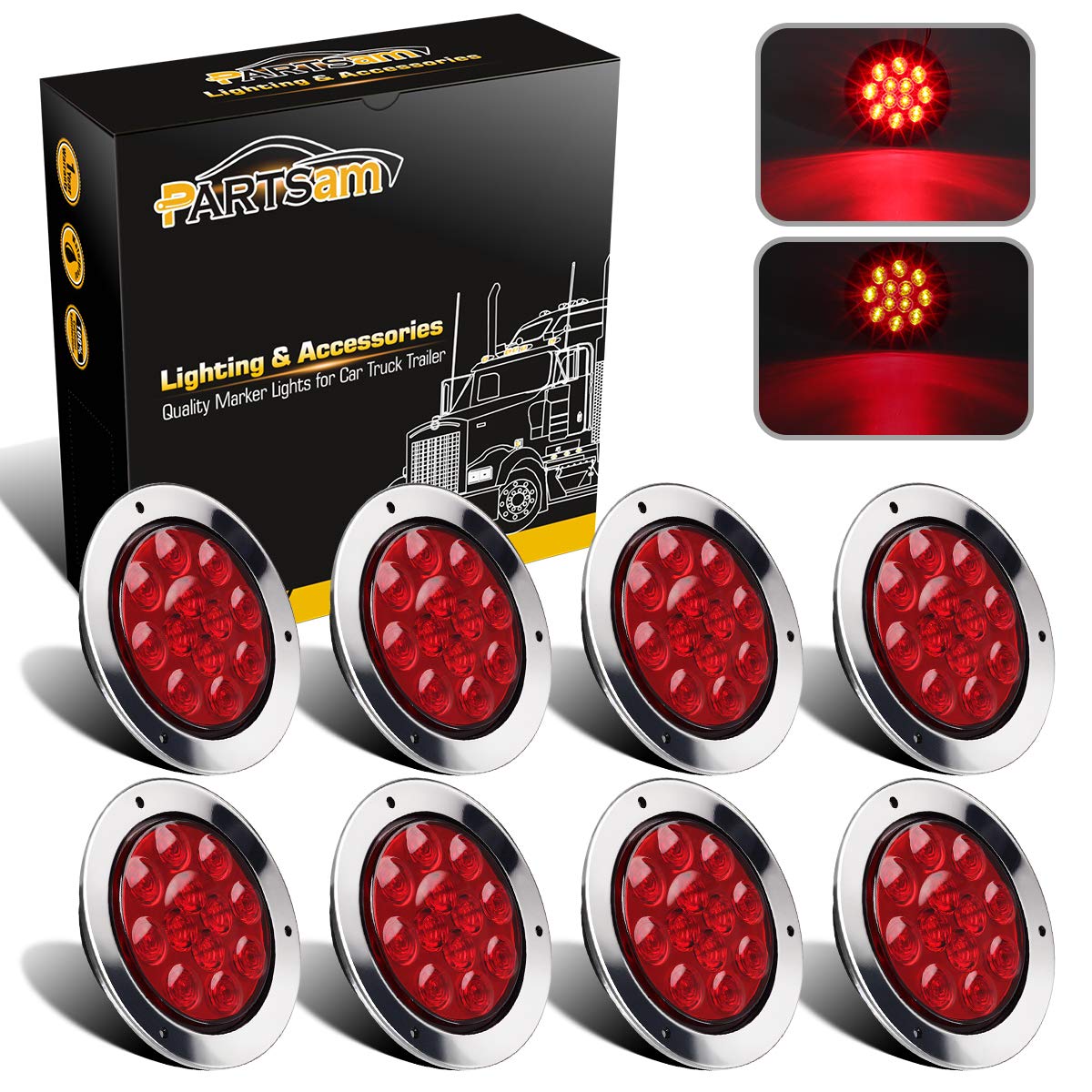Partsam 8Pcs 4 Inch Round LED Stop Turn Tail Lights - Red 12LED Flange Mount for Trucks, Trailers & RVs - Waterproof Brake, Turn Signal & Running Lights with Chrome Bezels - 12V DC - Ideal for Heavy-Duty Vehicles & Off-Road Adventures