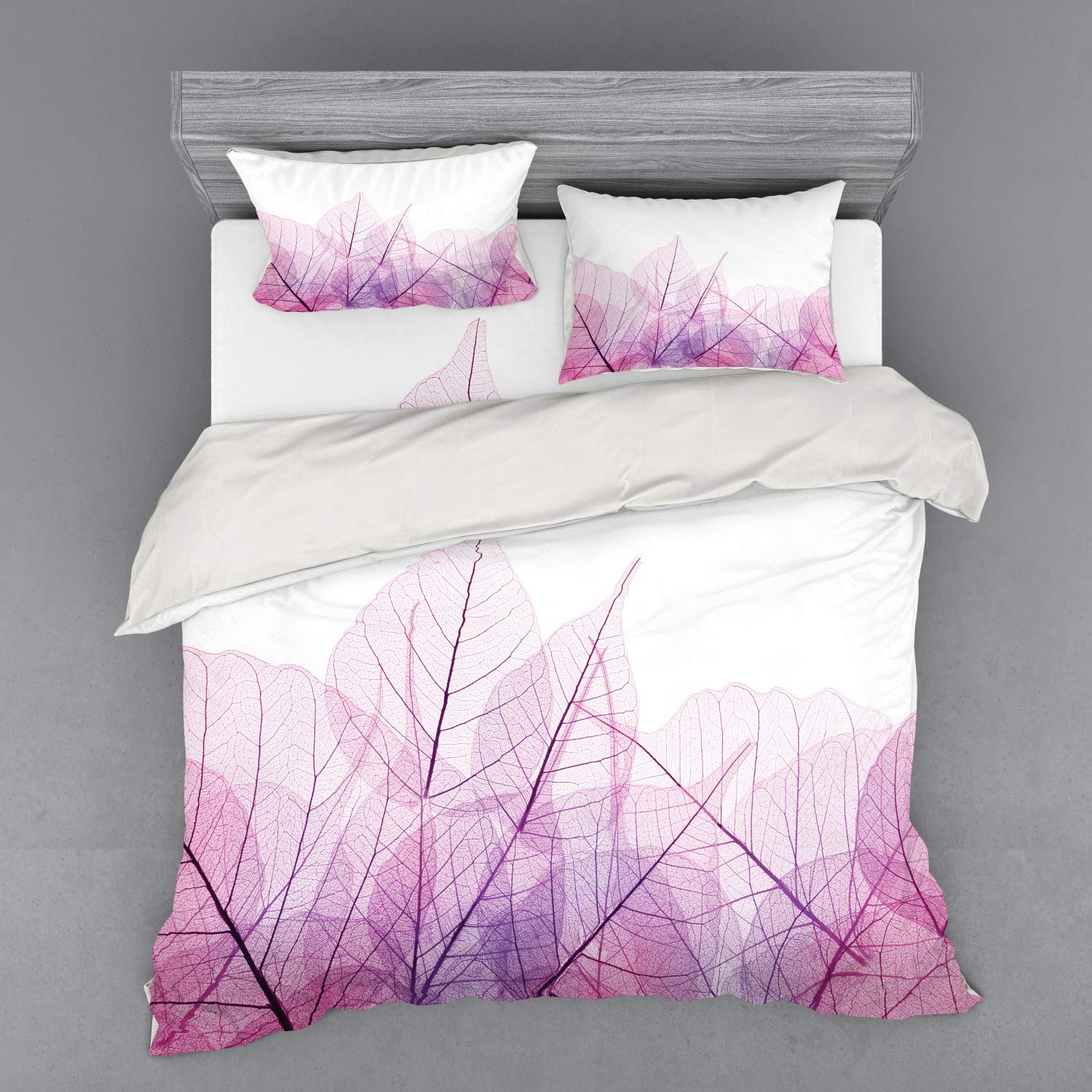 Ambesonne King Size 4-Piece Leaf Duvet Cover Set - Skeleton Spring Flowers Contemporary Fantasy Fashion Design in Pink & Purple | Includes Shams & Fitted Sheet | Perfect for Modern Bedroom Decor, Guest Room Styling, and Fantasy-Themed Home Interiors
