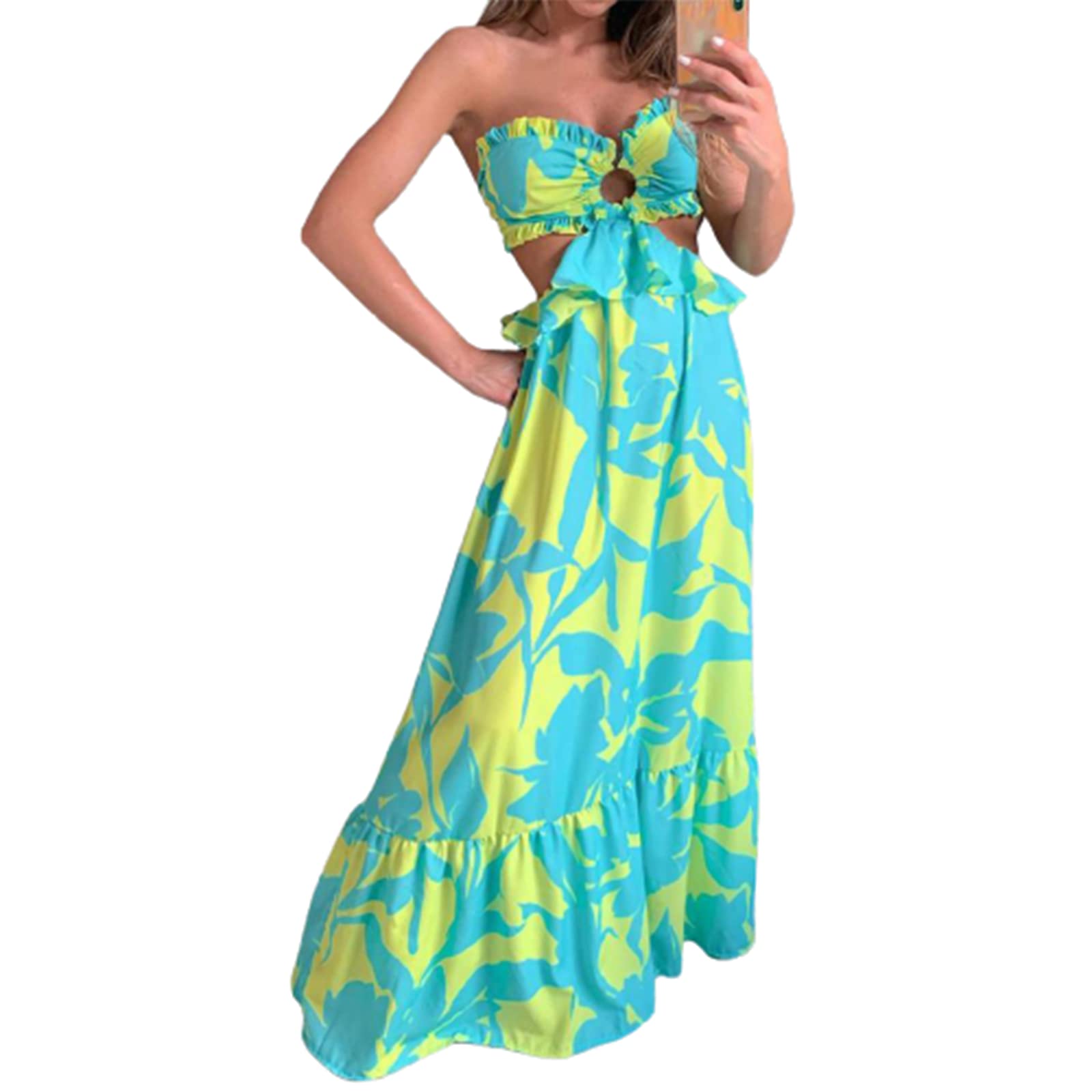 Ruffles Women's Maxi Dress - Summer Floral Print Strapless Backless Bandage Dress for Beach, Party & Vacation | Sexy Loose Fit Casual Dress for Women