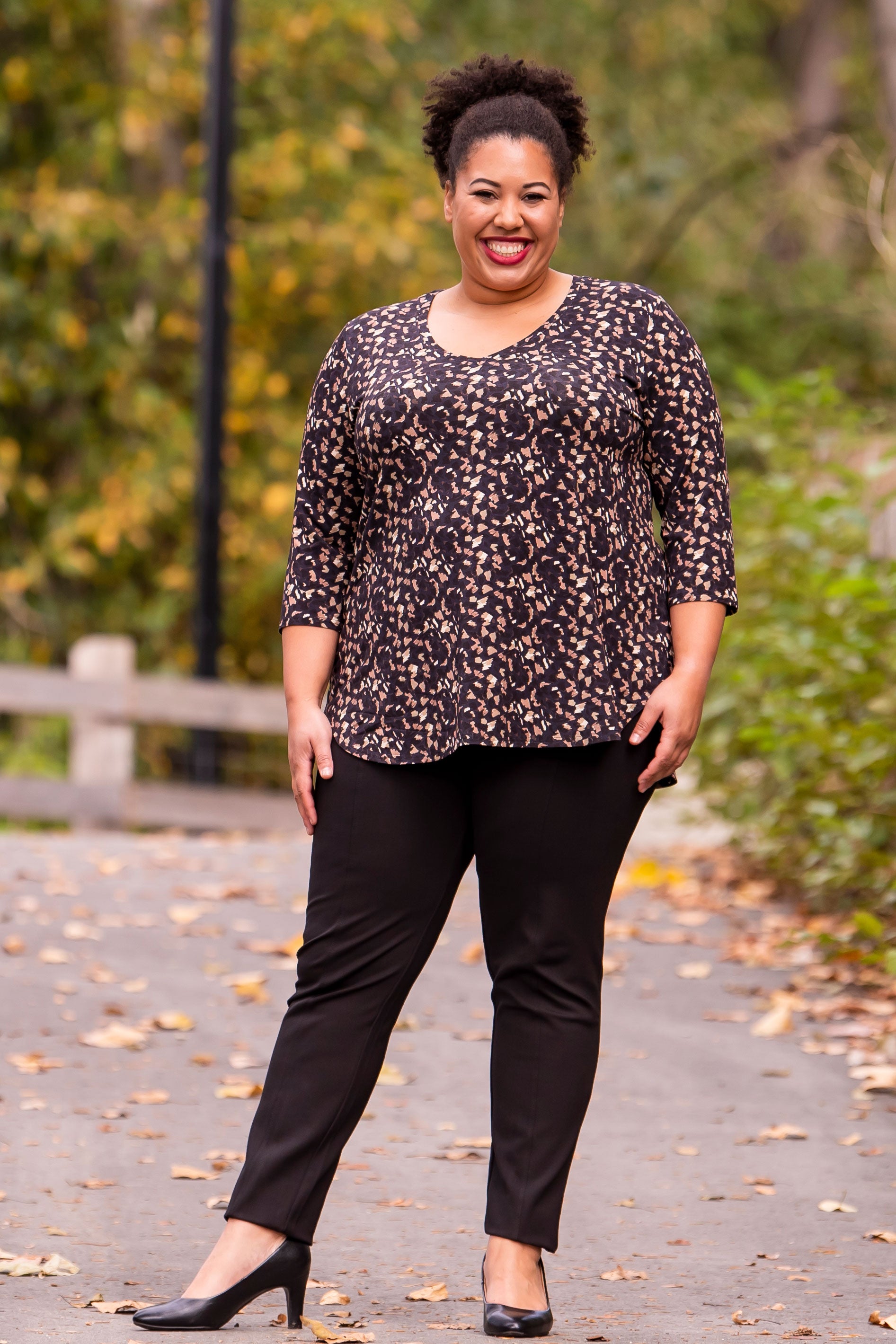 Jackie 3/4 Sleeve Women's Top - Soft Bamboo Fabric with Calico Print - Breathable & Comfortable for Yoga, Work & Casual Wear