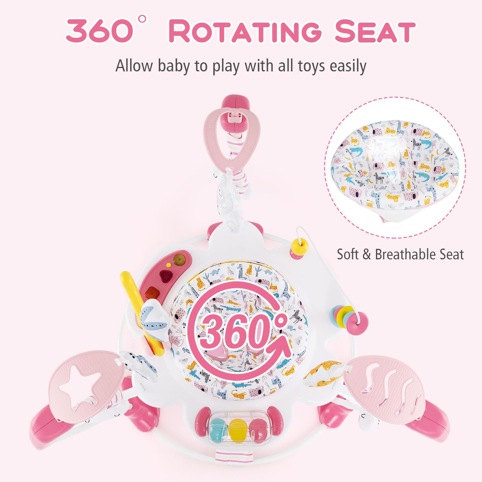 INFANS 3-in-1 Baby Activity Center with Music, Lights & Interactive Toys - 360° Rotating Seat, 3 Height Adjustments - Exersaucer Learning Toy for Infants 6-12 Months (Pink) - Perfect for Playtime, Early Development & Safe Bouncing Fun at Home