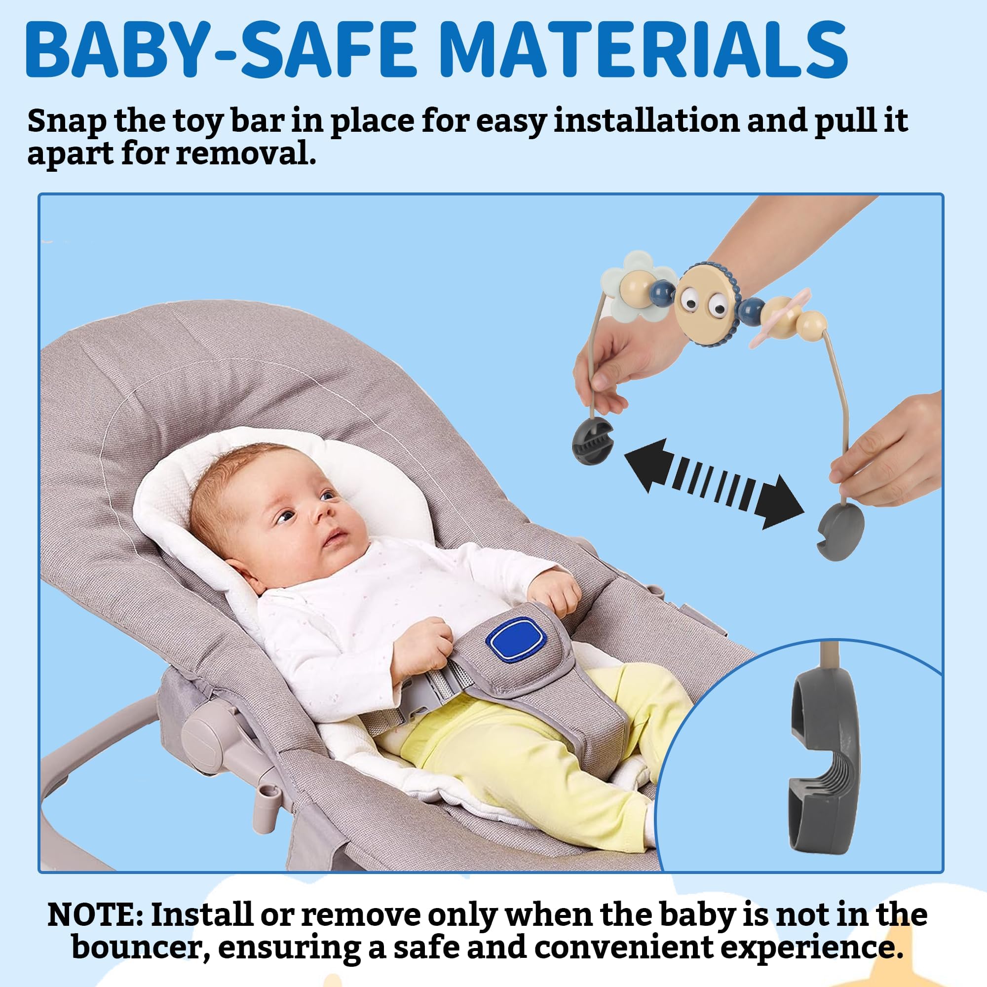 Baby Bouncer Toy Bar with Googly Eyes - Safe Plastic Stroller Arch Toy for Car Seat & Bouncer - Easy Install No Music Baby Activity Toy - Perfect for Playtime, Travel & Sensory Development