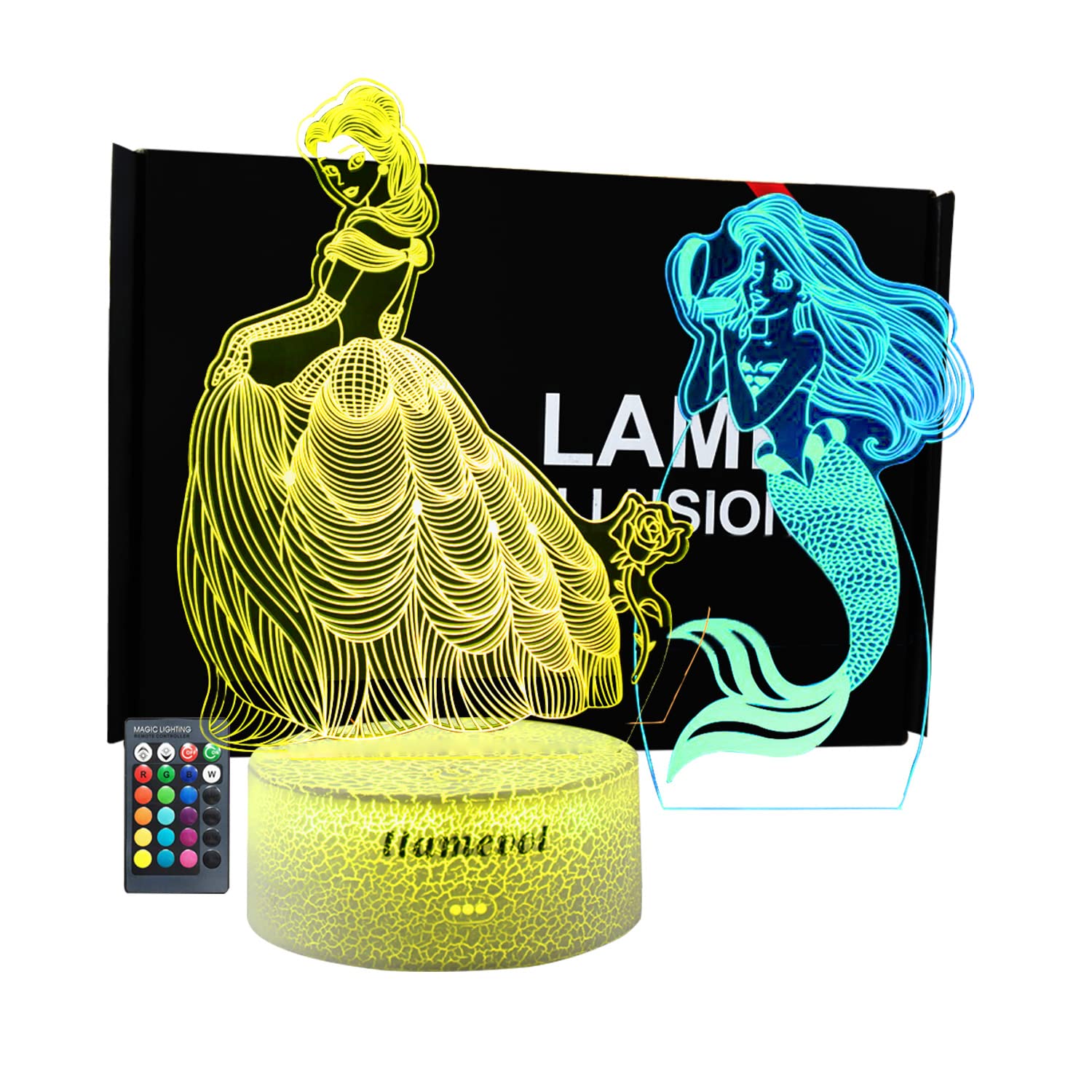 Mermaid Princess Night Light for Kids - Dimmable LED 3D Illusion Lamp with Remote Control | Perfect Christmas & Birthday Gift for Boys, Girls, Toddlers & Adults | Bedroom Decor, Nursery Nightlight, Romantic Mood Lighting