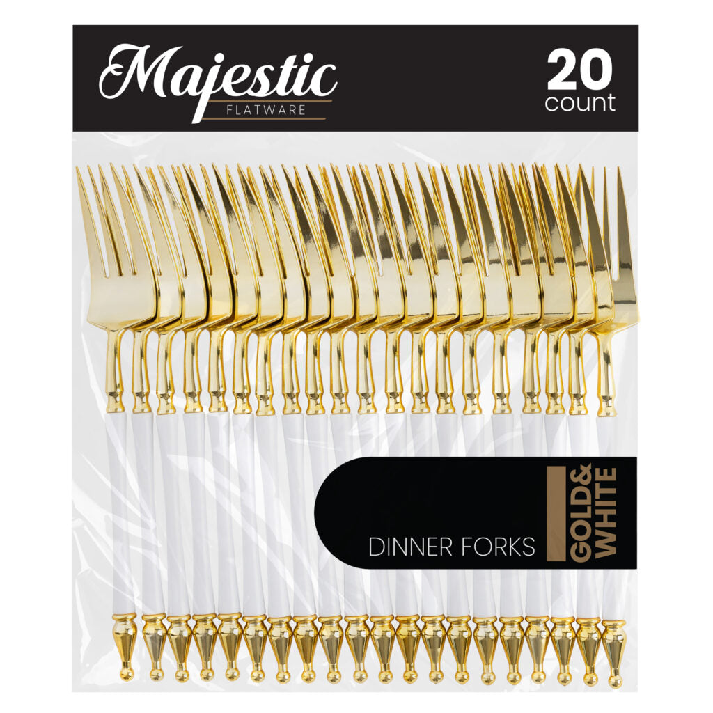 Majestic Collection 20-Piece Gold and White Plastic Flatware Set - Elegant Disposable Cutlery for Parties, Picnics, and Events