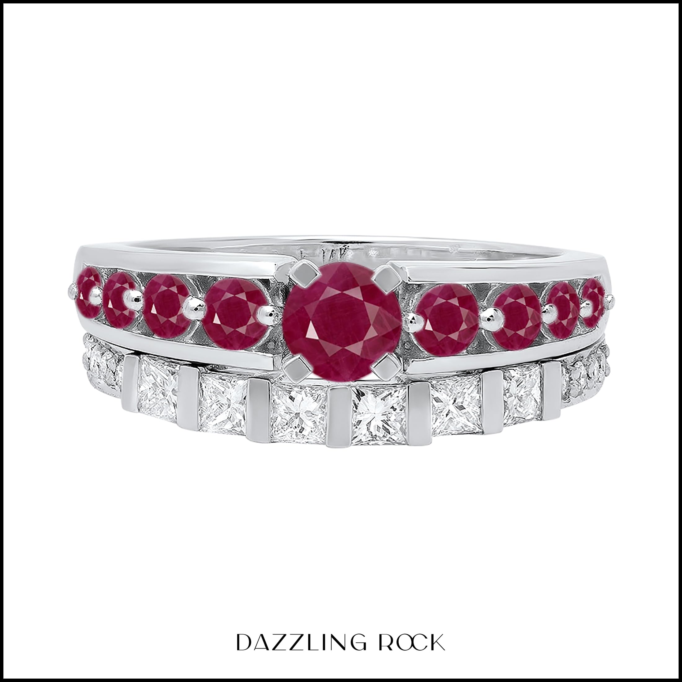 18K White Gold Princess & Round Cut Diamond and Ruby Bridal Engagement Ring Set for Women – Dazzlingrock Collection | Perfect for Proposals, Weddings, and Anniversary Gifts