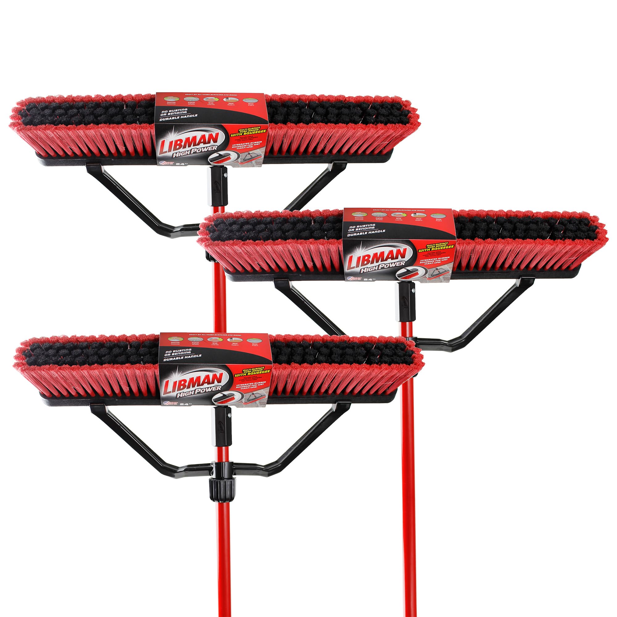 Libman Commercial 1230 24-Inch Multi-Surface Squeegee Push Broom with Steel Handle & Durable Synthetic Squeegee Blade - 3 Pack for Warehouse, Garage, and Industrial Floor Cleaning