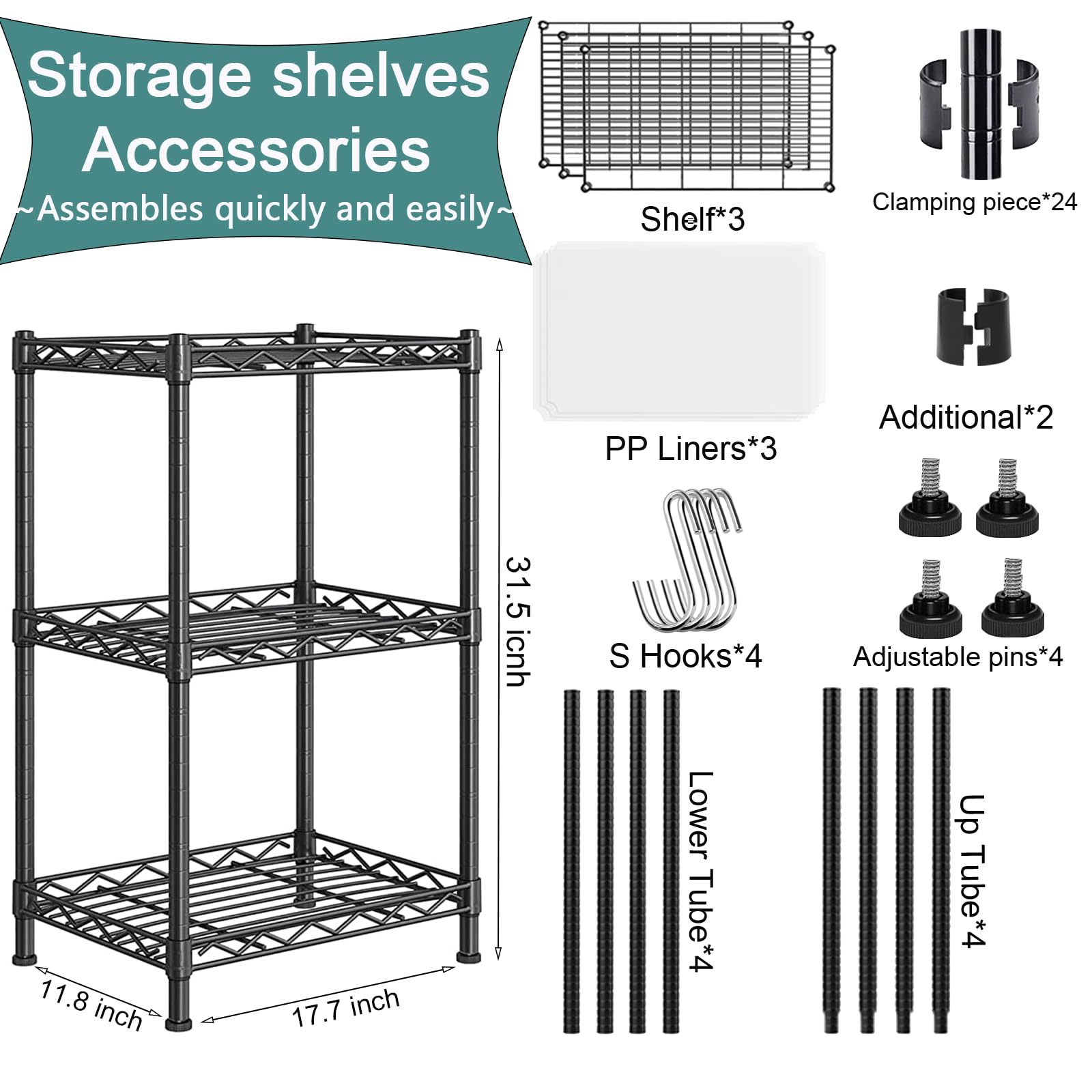 Santoy 3-Tier Adjustable Metal Storage Shelf - Heavy Duty Steel Wire Organizer for Kitchen, Bathroom, Pantry, Closet & Bedroom (Black, 17.7