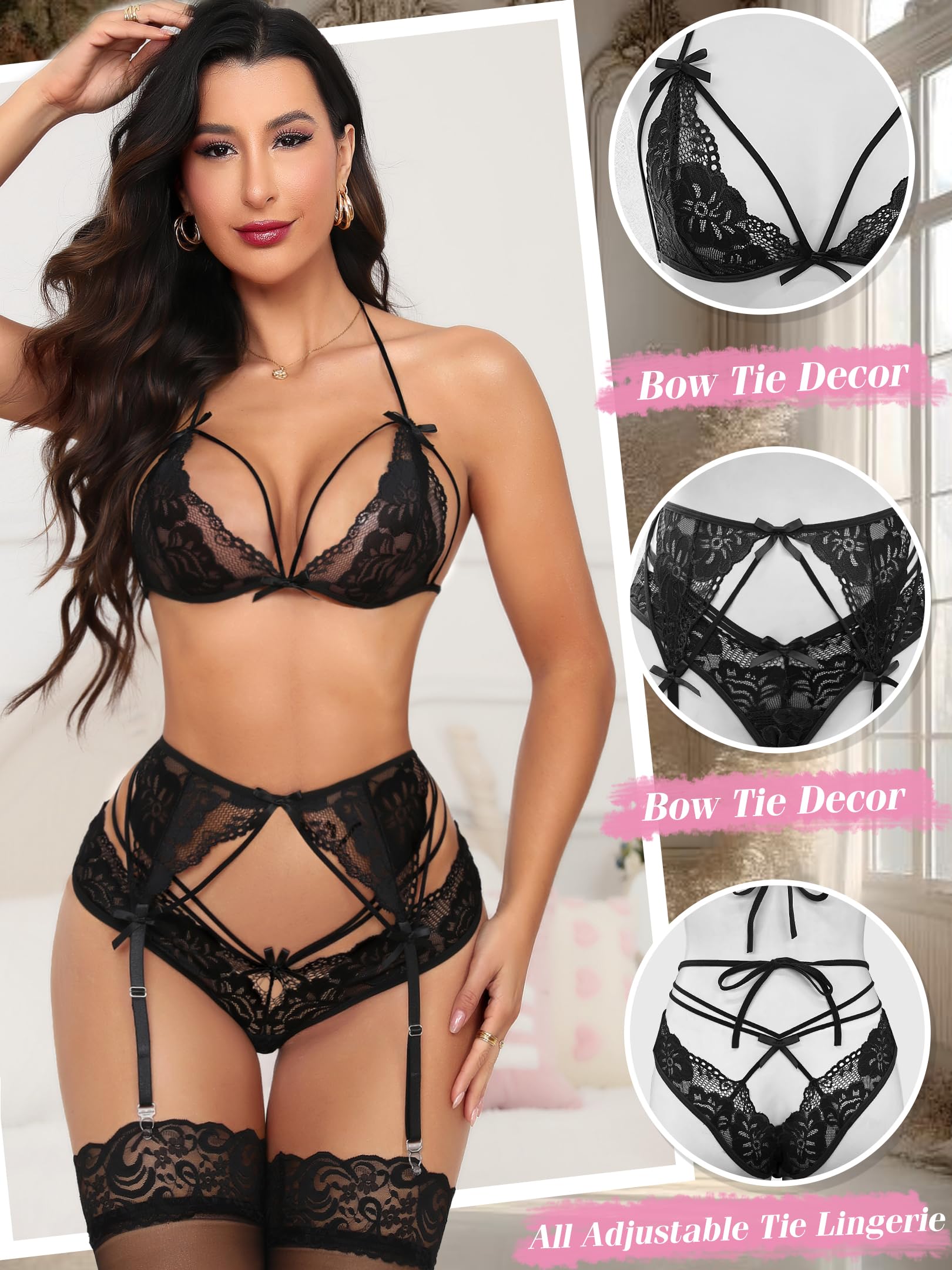 Dlsave Women's Sexy Lingerie Set - Lace Strappy Garter Belt with Stockings 4 Piece Bridal Lingerie for Valentine's Day, Honeymoon & Romantic Nights