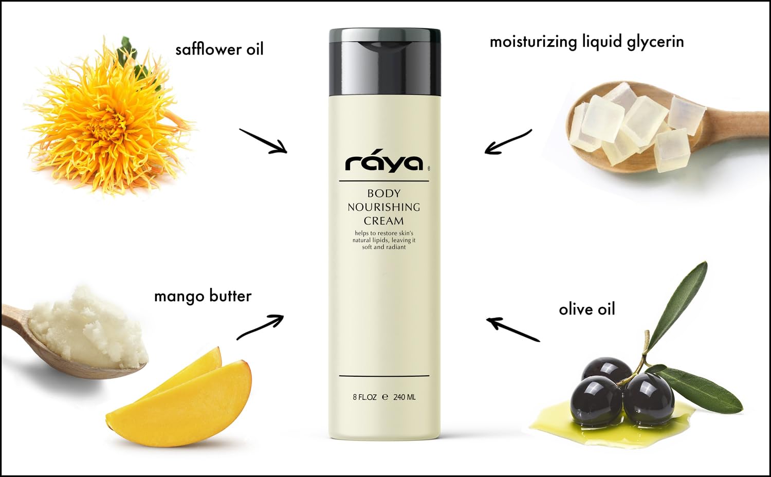 Raya Body Nourishing Cream 8 oz (S-112) - Rich & Silky Moisturizing Lotion with Fine Oils, Shea Butter & Vitamins for Dry Skin - Deep Hydration & Softening for Daily Body Care & Nighttime Routine