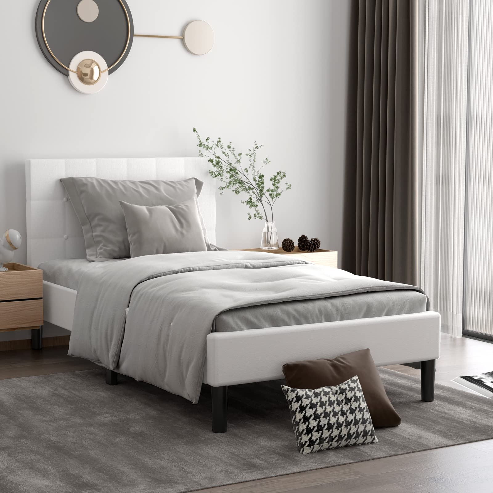 Giantex Twin Upholstered Platform Bed Frame with Button Tufted Headboard - Wood Slat Support Mattress Foundation & Sponge Stuffed Backrest - Beige Bed Base for Small Bedrooms, Guest Rooms & Dormitories
