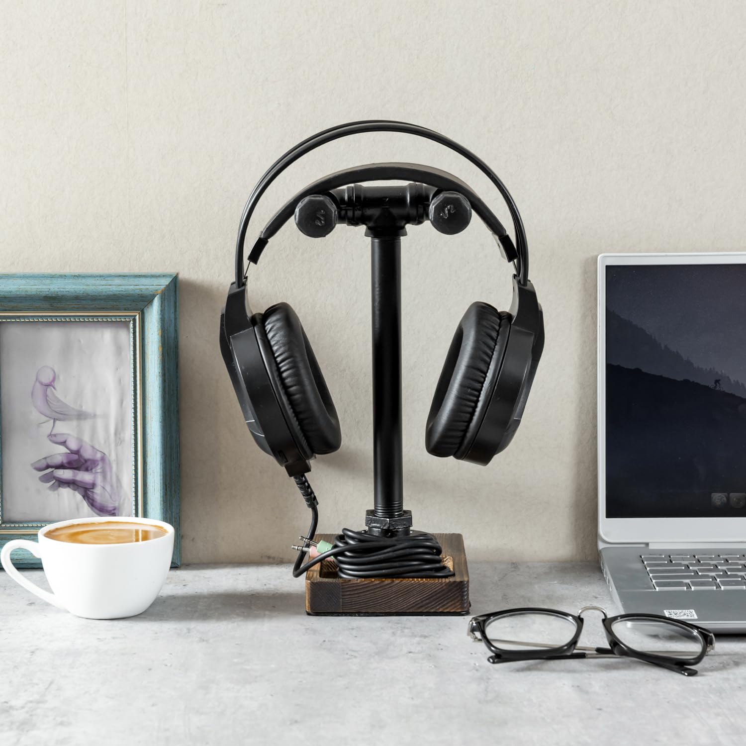 MyGift Universal Headphone Stand - Industrial Black Metal Pipe & Solid Wood Tray Desktop Headset Holder for Gaming, Office & Home Workspace Organization