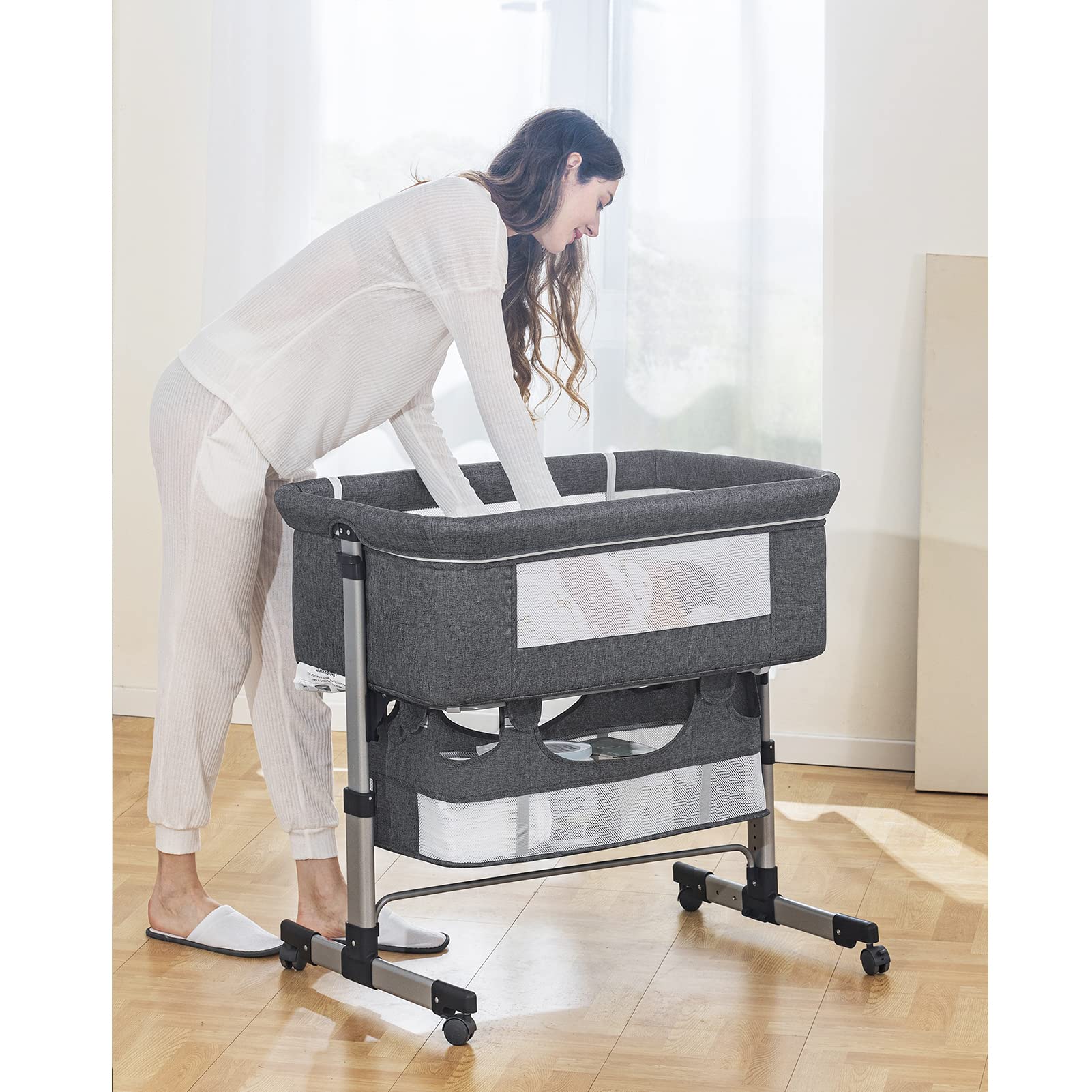 Ihoming Portable Baby Bassinet Bedside Sleeper - Adjustable Newborn Crib with Storage Basket & Easy Folding Design, Gray | Perfect for Nursery, Bedroom Co-Sleeping & Travel Use