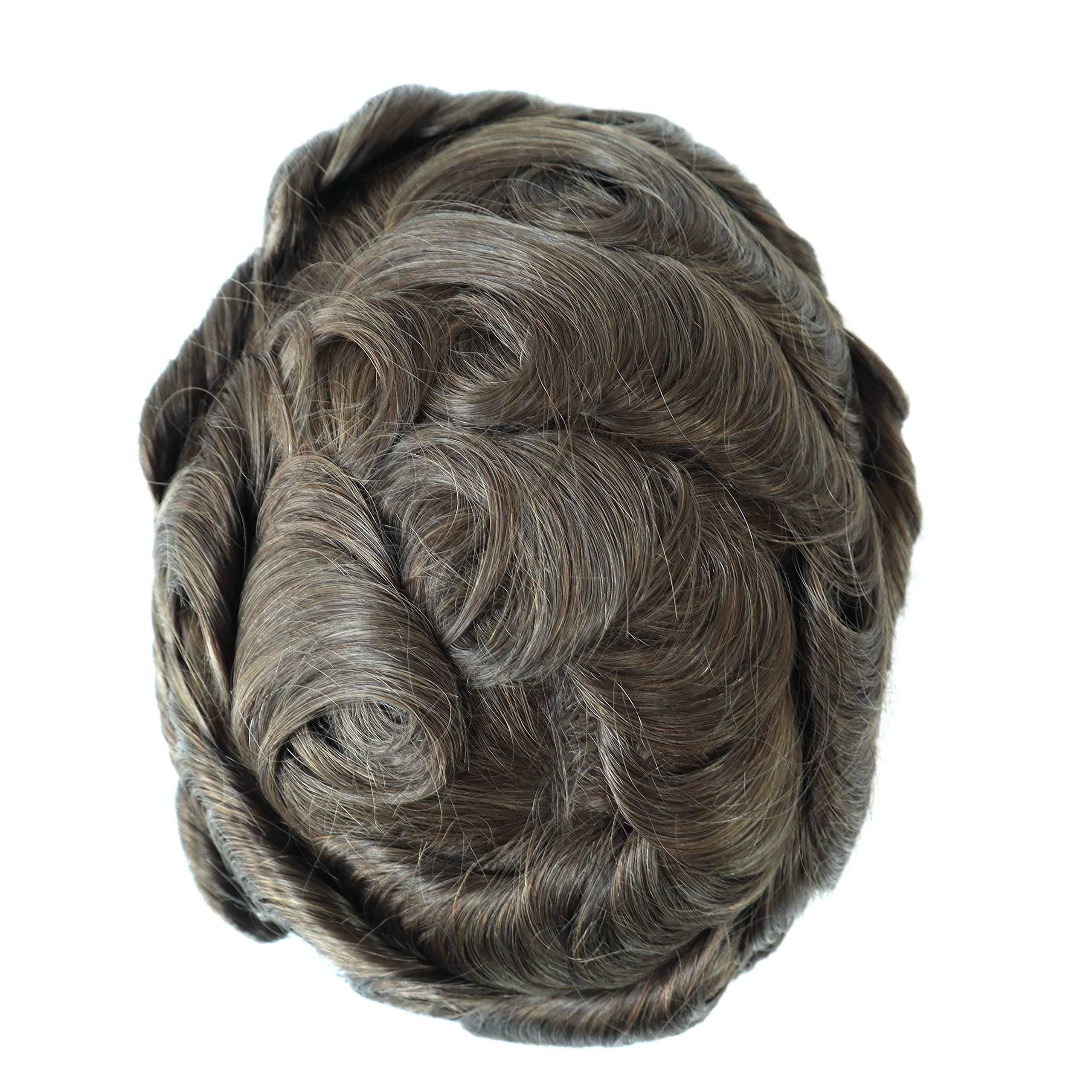 Men's Human Hair Toupee - Real Hair Replacement System for Thinning Hair | Natural Hairline #7, Medium Skin 0.12mm V-Looped Scalloped Front | Perfect for Daily Wear, Weddings & Special Occasions