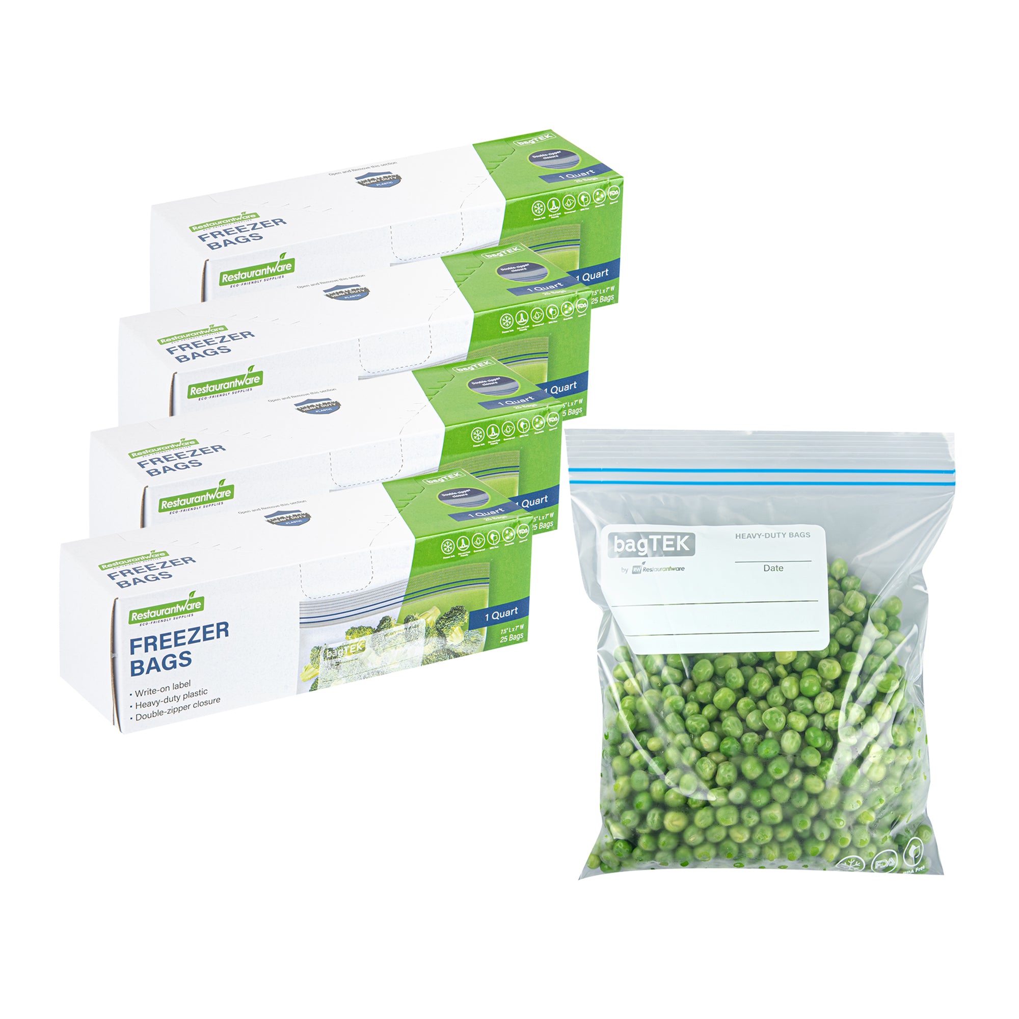 BPA Free 1 Quart Clear Plastic Freezer Bags with Double Zipper & Write-On Labels - 7.5