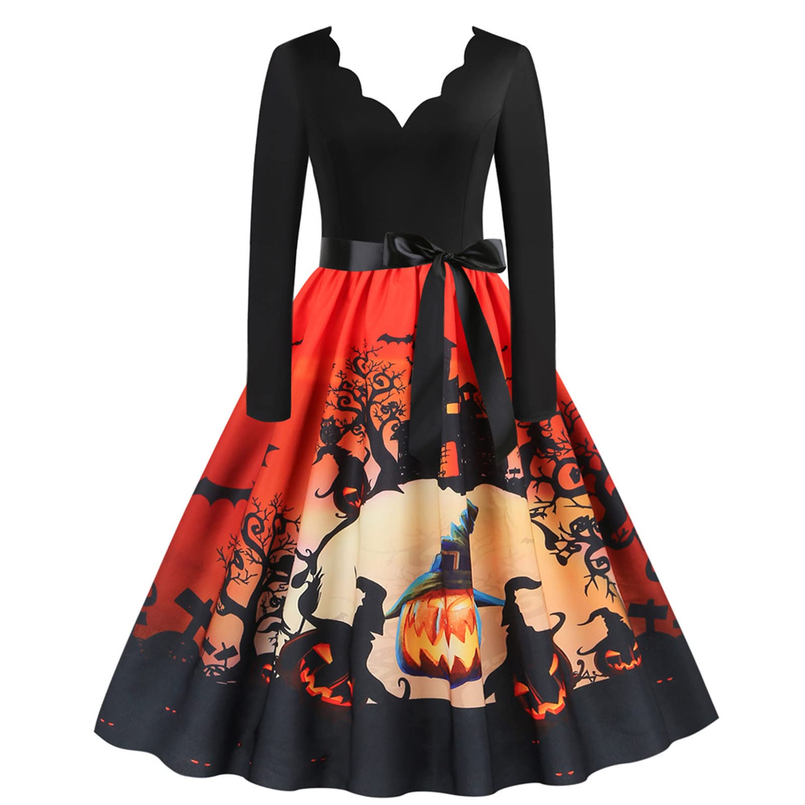 FEDULKSTORE Women's Vintage Steampunk Dress - Elegant Long Sleeve Scalloped V-Neck Slim Fit Gothic Dress for Christmas, Halloween & Cosplay | Perfect for Costume Parties, Themed Events & Photoshoots