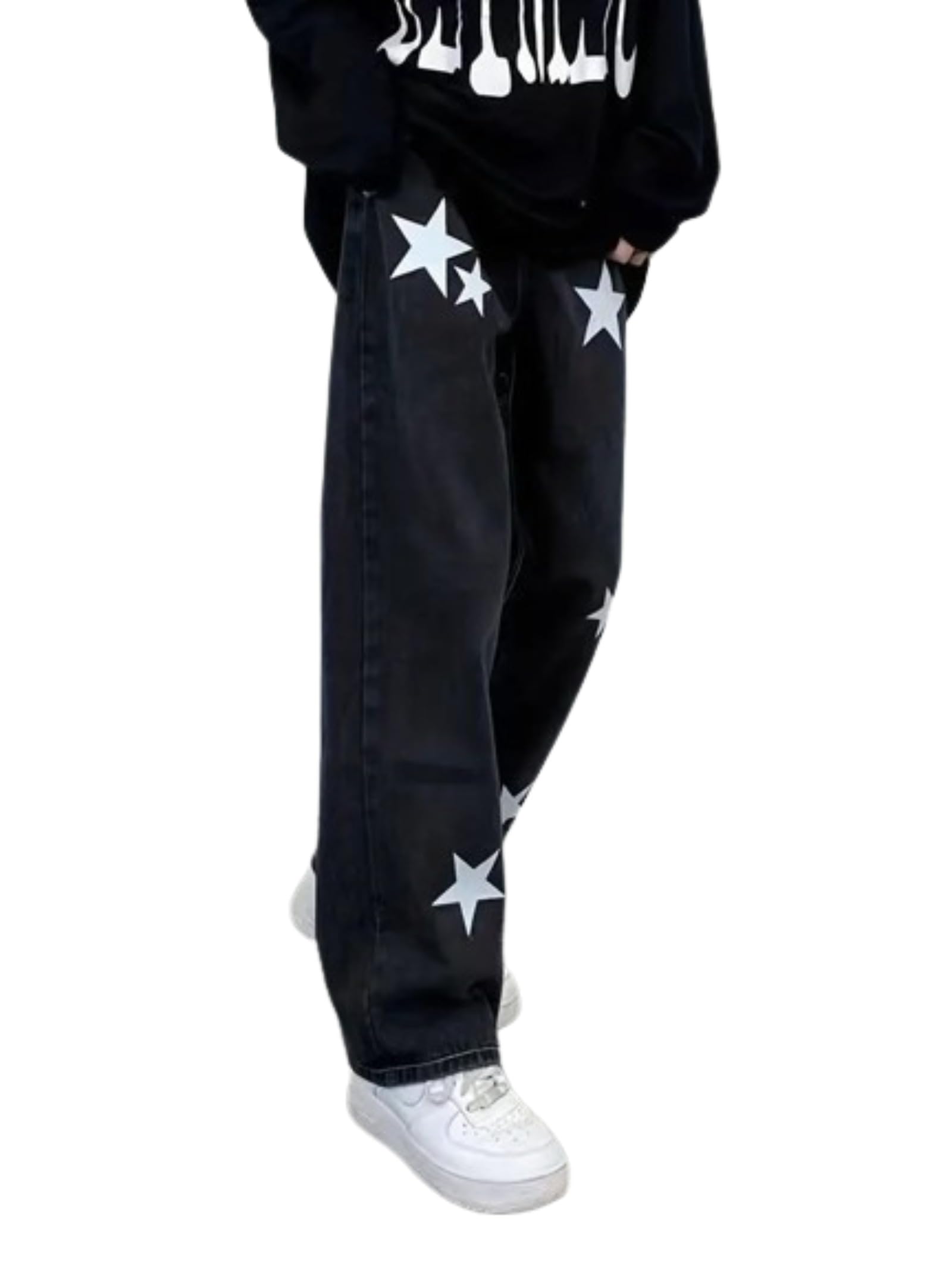 Y2K Star Graphic Goth Jeans - High Waisted Straight Leg Denim Pants for Women | Retro Streetwear Fashion for Concerts, Parties & Casual Outfits