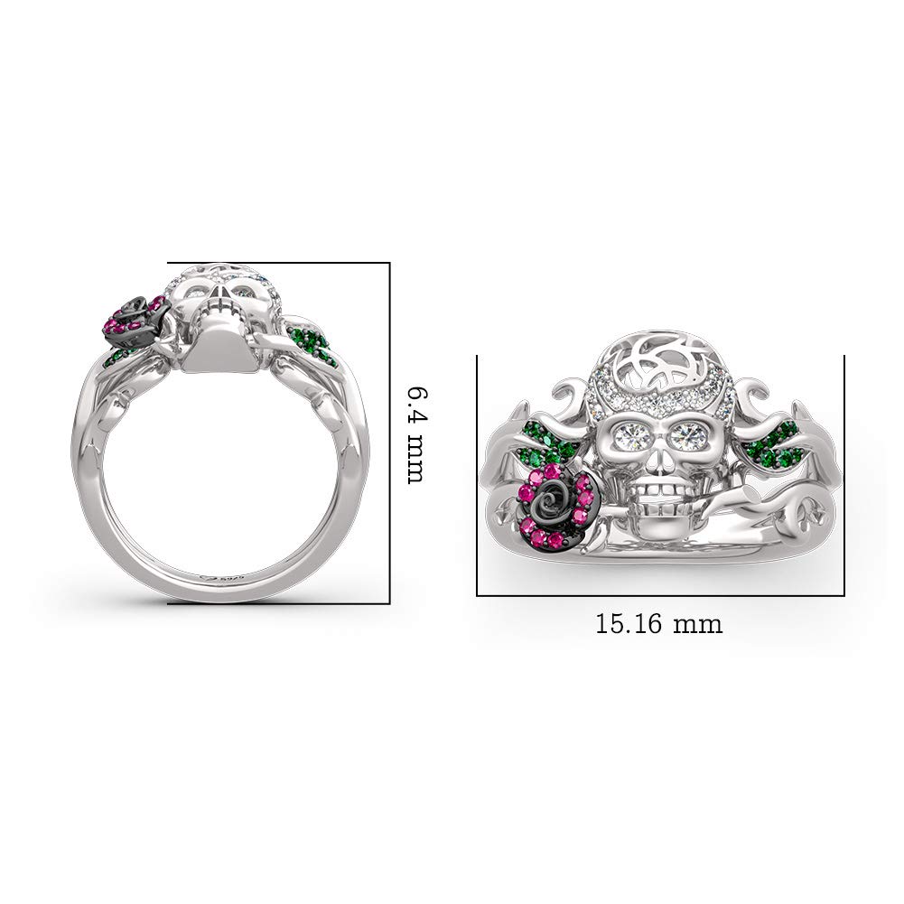 Jeulia Women's Halloween Sugar Skull Sterling Silver Ring with Ruby & Emerald Birthstones - Forever Love Rose Flower Engagement Wedding Promise Ring for Her | Gothic Jewelry Gift for Day of the Dead, Cosplay & Alternative Fashion