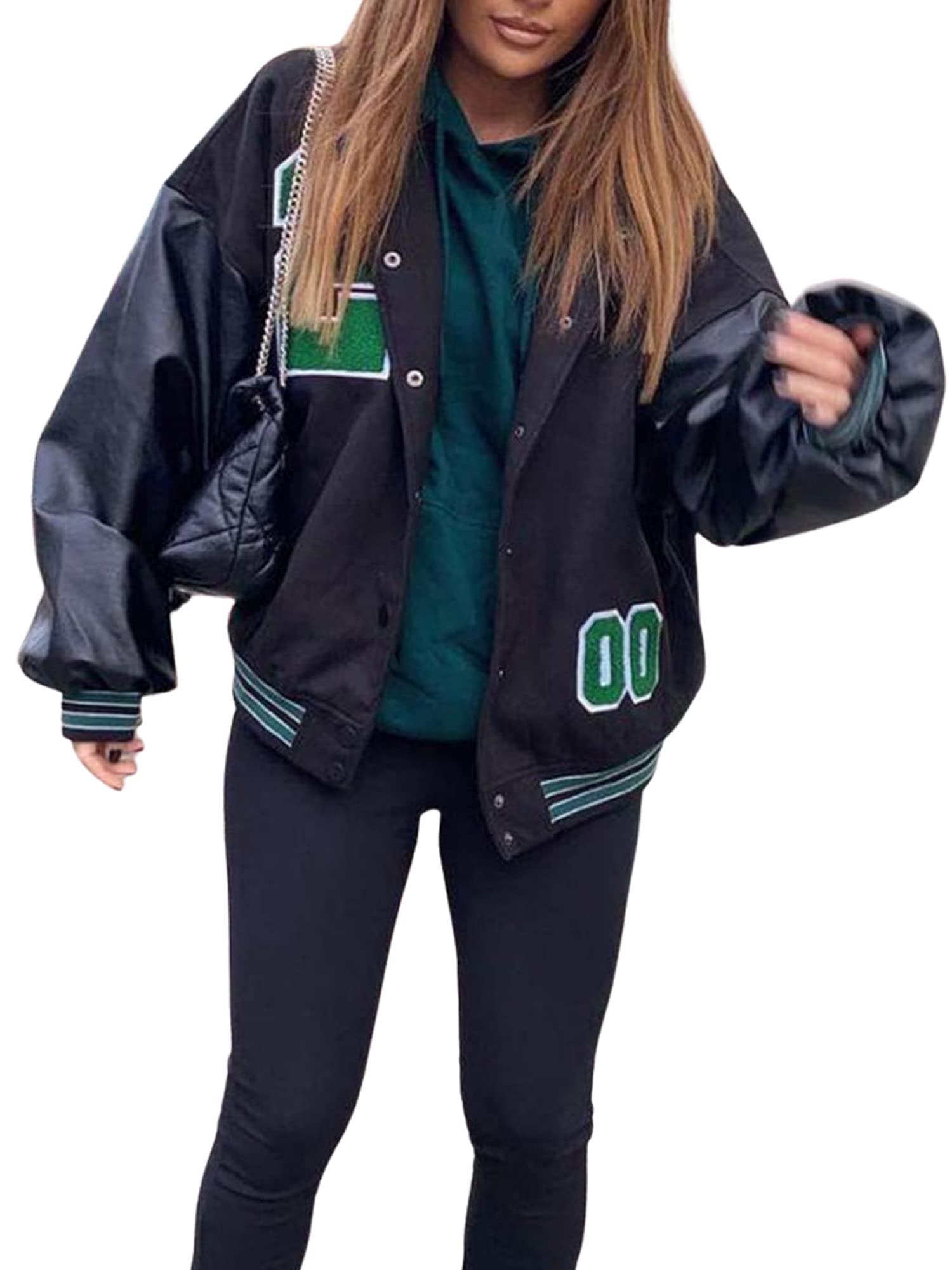 Women's Fashion Varsity Baseball Jacket - Genuine Leather Long Sleeve Letter Print Bomber Jacket for Casual Wear, Street Style & College Outfits