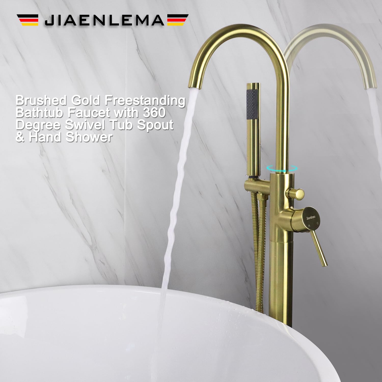 Freestanding Bathtub Faucet Brushed Gold - High Flow Brass Tub Filler with Hand Shower & Sprayer, Single Handle Floor Mount Faucet with Diverter for Luxury Bathroom & Spa Experience - JIAENLEMA