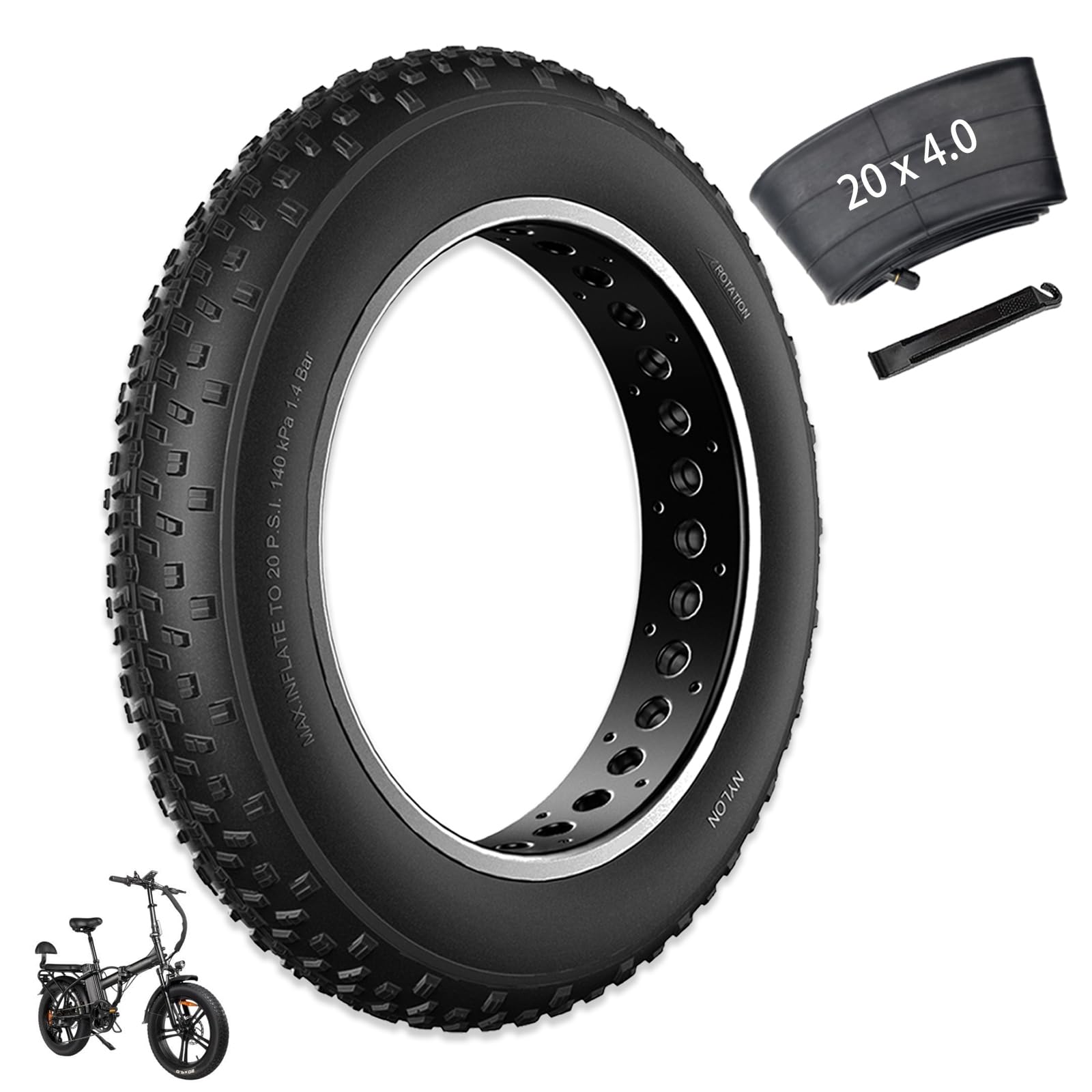 20x4 Fat Bike Tire Replacement Kit - 20x4.0 Inch Electric Bicycle Tires for Snow & Mountain E-Bikes - Includes Folding Fat Tire Tubes & Levers - Compatible with Wide Mountain & Snow Bike Tires - Perfect for Winter Commuting & Off-Road Adventures