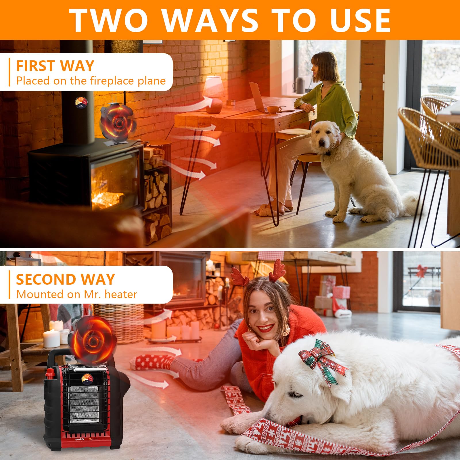 **Heat-Powered Wood Stove Fan for Buddy Heater – 6-Blade Fireplace Fan with Magnetic Thermometer | Compatible with Propane Space Heaters, Mr. Heater | Indoor, Outdoor & Camping Use for Efficient Heat Distribution**