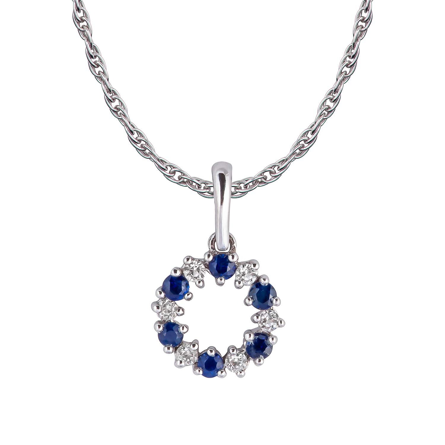 10K White Gold Genuine Sapphire & White Topaz Petite Circle Pendant Necklace for Women - Elegant Everyday Jewelry Gift for Birthday, Anniversary & Special Occasions