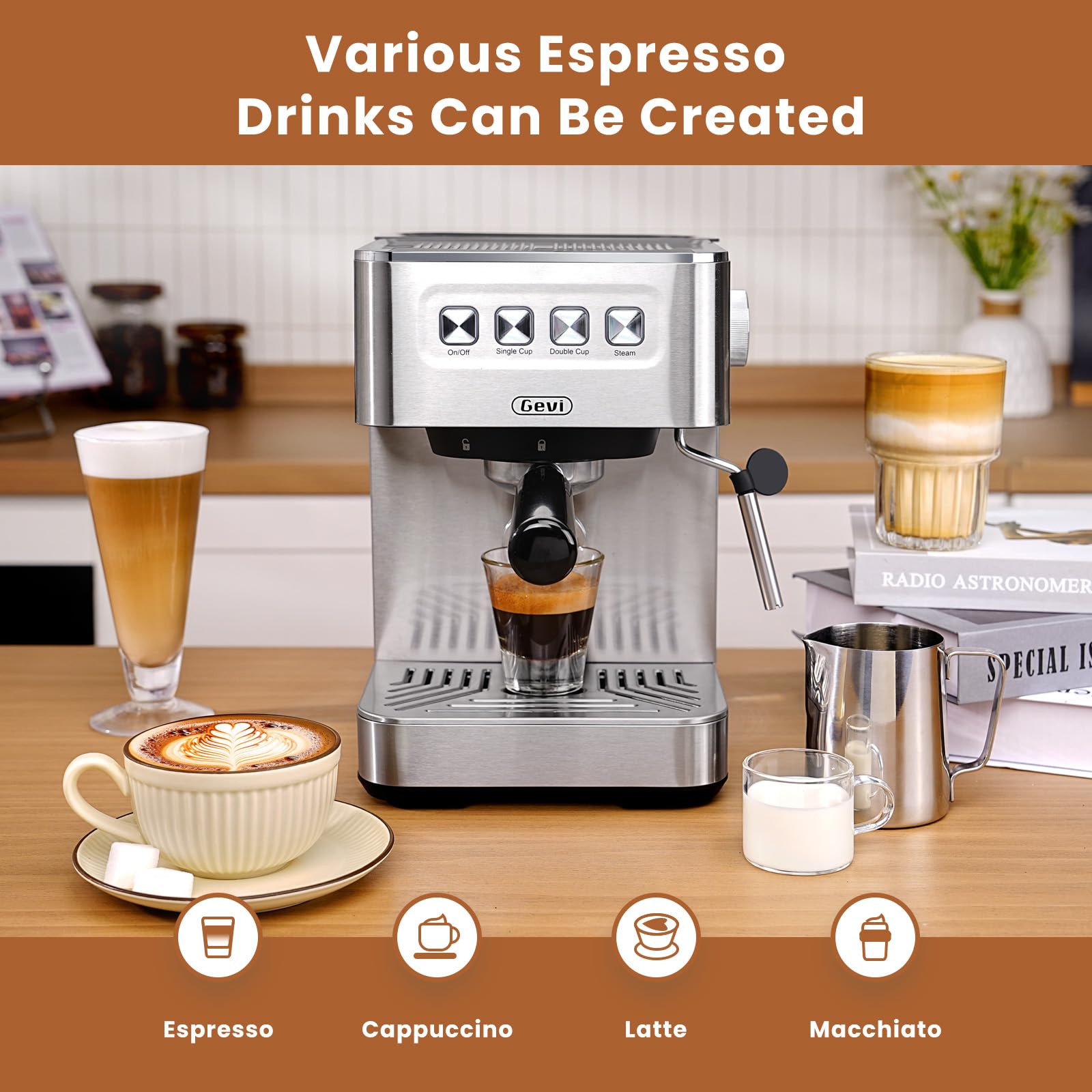 Gevi 20 Bar Espresso Machine with Milk Frother - Compact Super Automatic Coffee Maker for Cappuccino & Latte - Stainless Steel Home Espresso Machine - Perfect Gift for Dad or Mom - Ideal for Home Kitchens, Offices & Coffee Enthusiasts