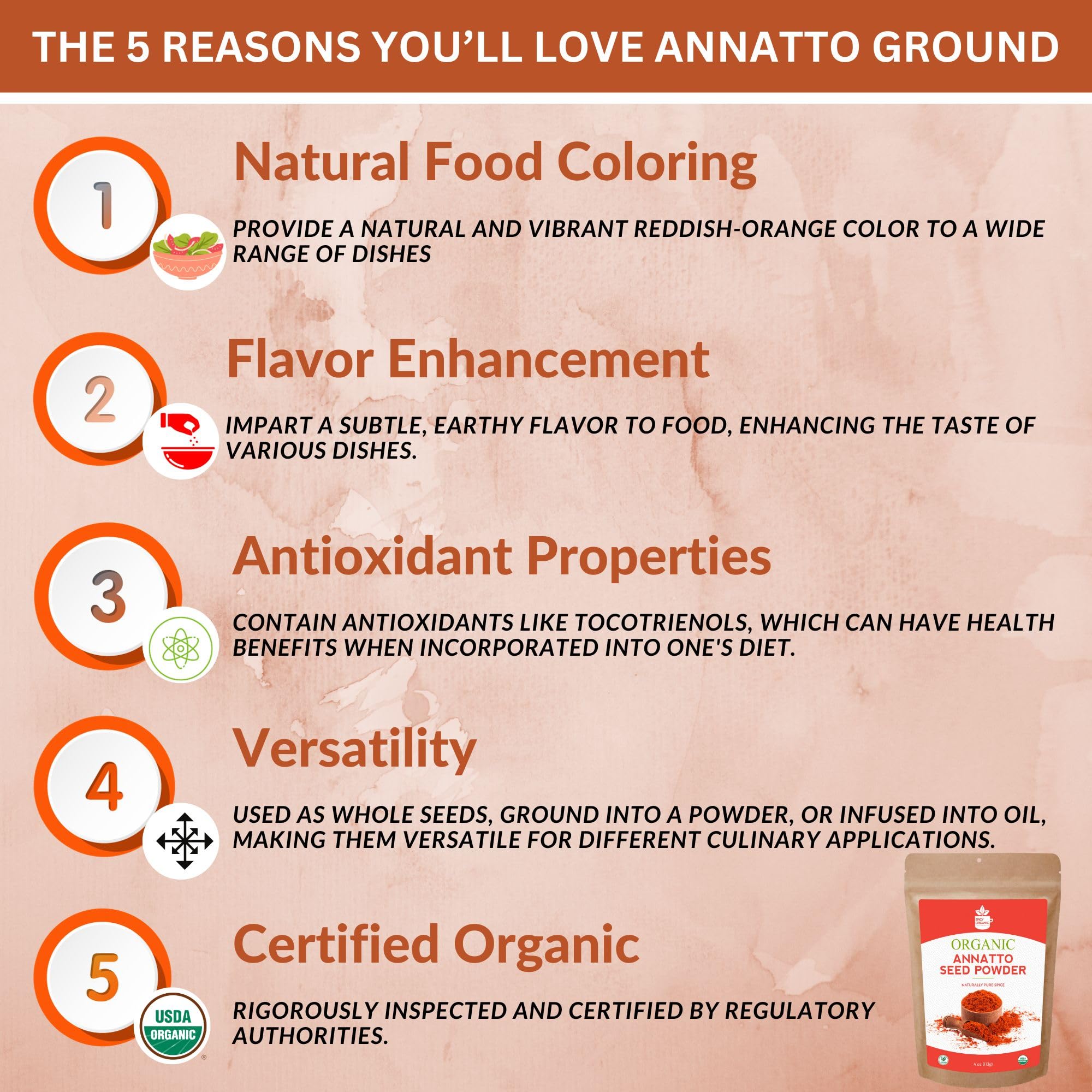 Organic Annatto Powder 4 oz - USDA Certified Ground Achiote Seed Spice for Seasoning, Cooking & Natural Food Coloring | Perfect for Latin, Caribbean & Filipino Cuisine, Rice Dishes & Marinades