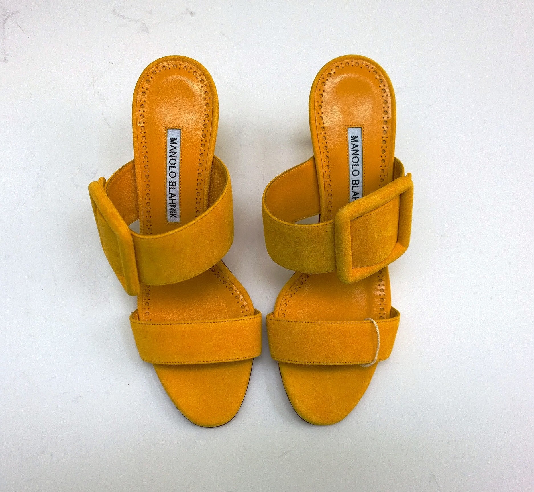 Manolo Blahnik Gable 70 Buckle Slides - Bright Yellow Suede Sandals Heels for Women | Summer Weddings, Beach Parties & Casual Outings
