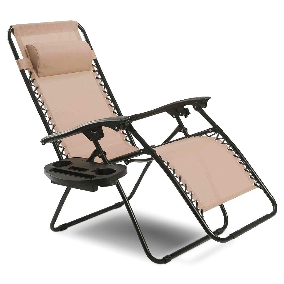 Zero Gravity Reclining Lounge Chair - Adjustable Outdoor Patio Chair with Cup Holder & Headrest - Foldable Sunbathing Chair for Poolside, Backyard, Beach, and Garden Relaxation (Beige)