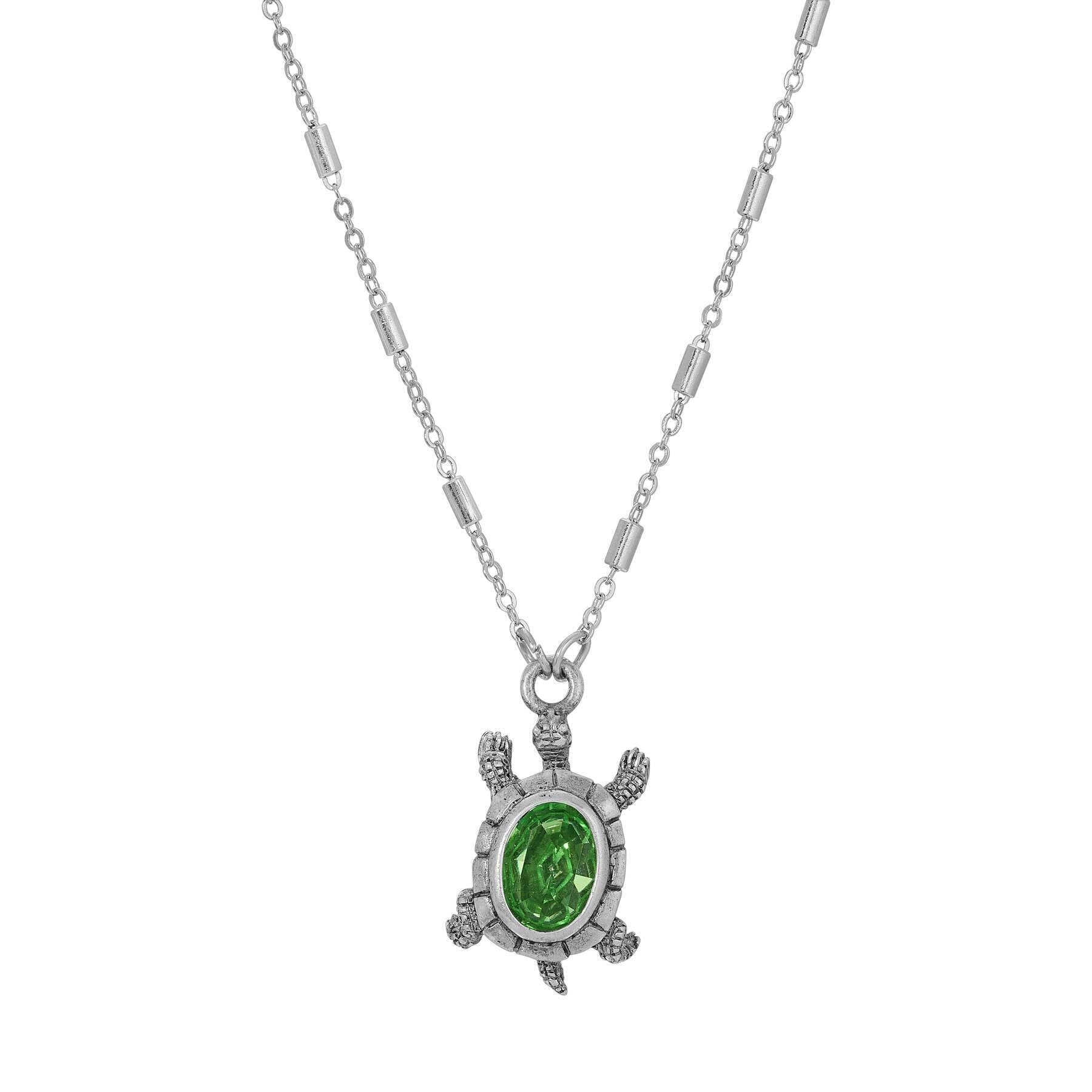 1928 Green Crystal Turtle Pendant Necklace - 18 Inch Adjustable Chain, Elegant Reptile Jewelry for Women - Perfect for Beach Parties, Boho Fashion & Nature Lovers