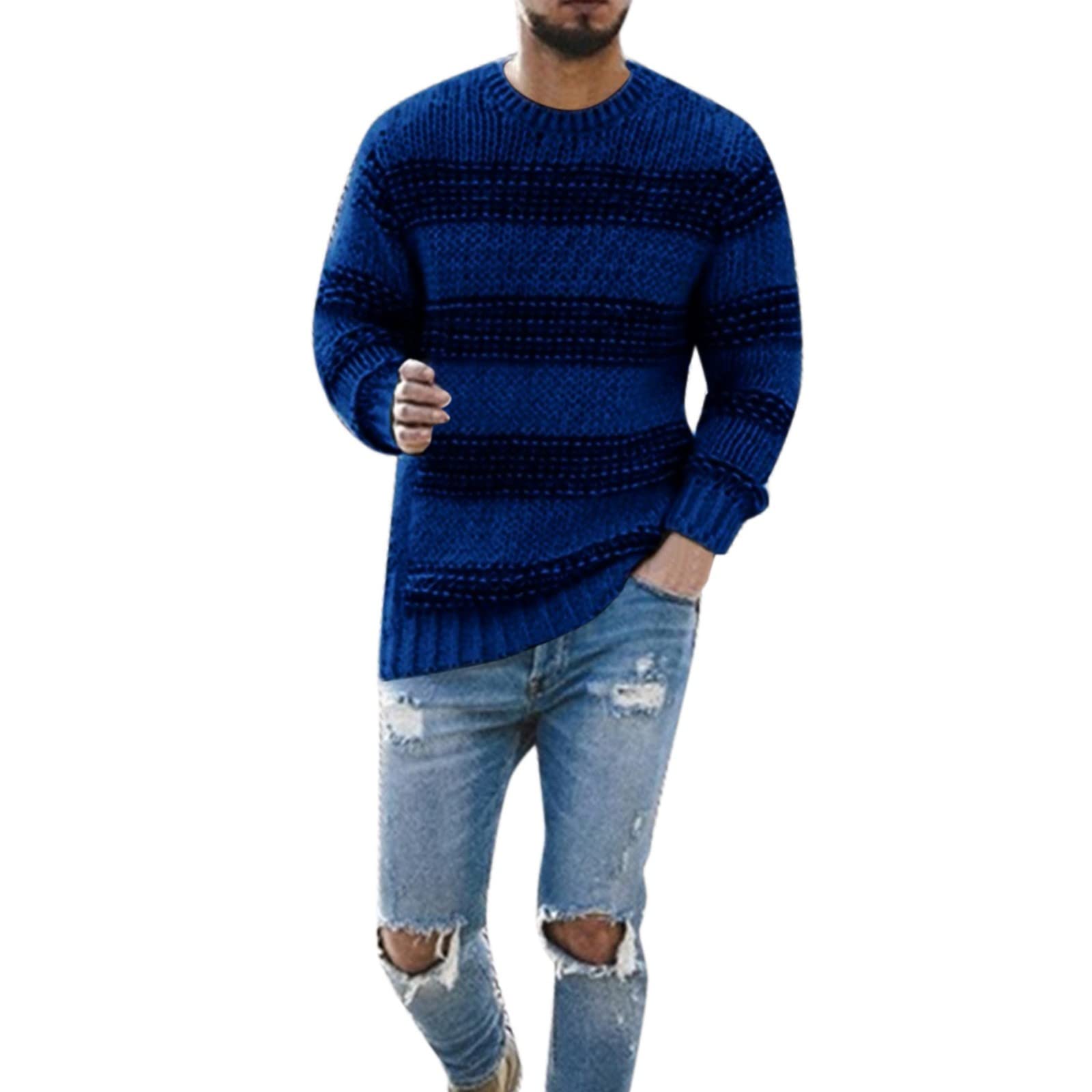 Men's Casual Striped Round Neck Pullover Sweater - Soft Knitted Wool Coat for Winter Warmth - Perfect for Office, Outdoors & Daily Wear