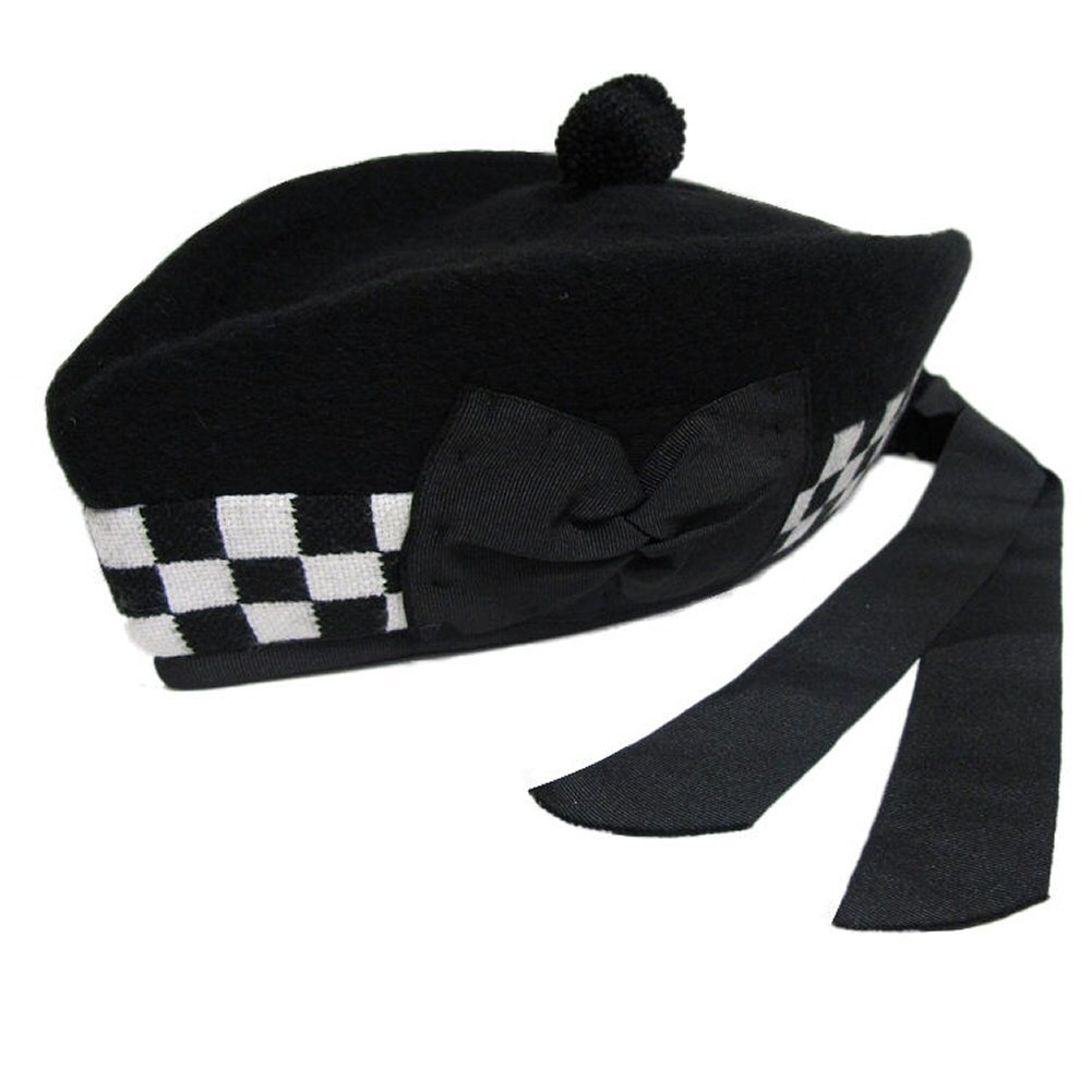 Men's Black & White Wool Piper Glengarry Kilt Hat | Traditional Scottish Highland Dress Accessory for Weddings, Festivals & Celtic Events
