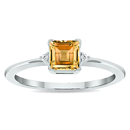 10K White Gold Princess Cut Citrine and Diamond Women's Classic Band Ring – Perfect for Weddings, Anniversaries & Special Occasions