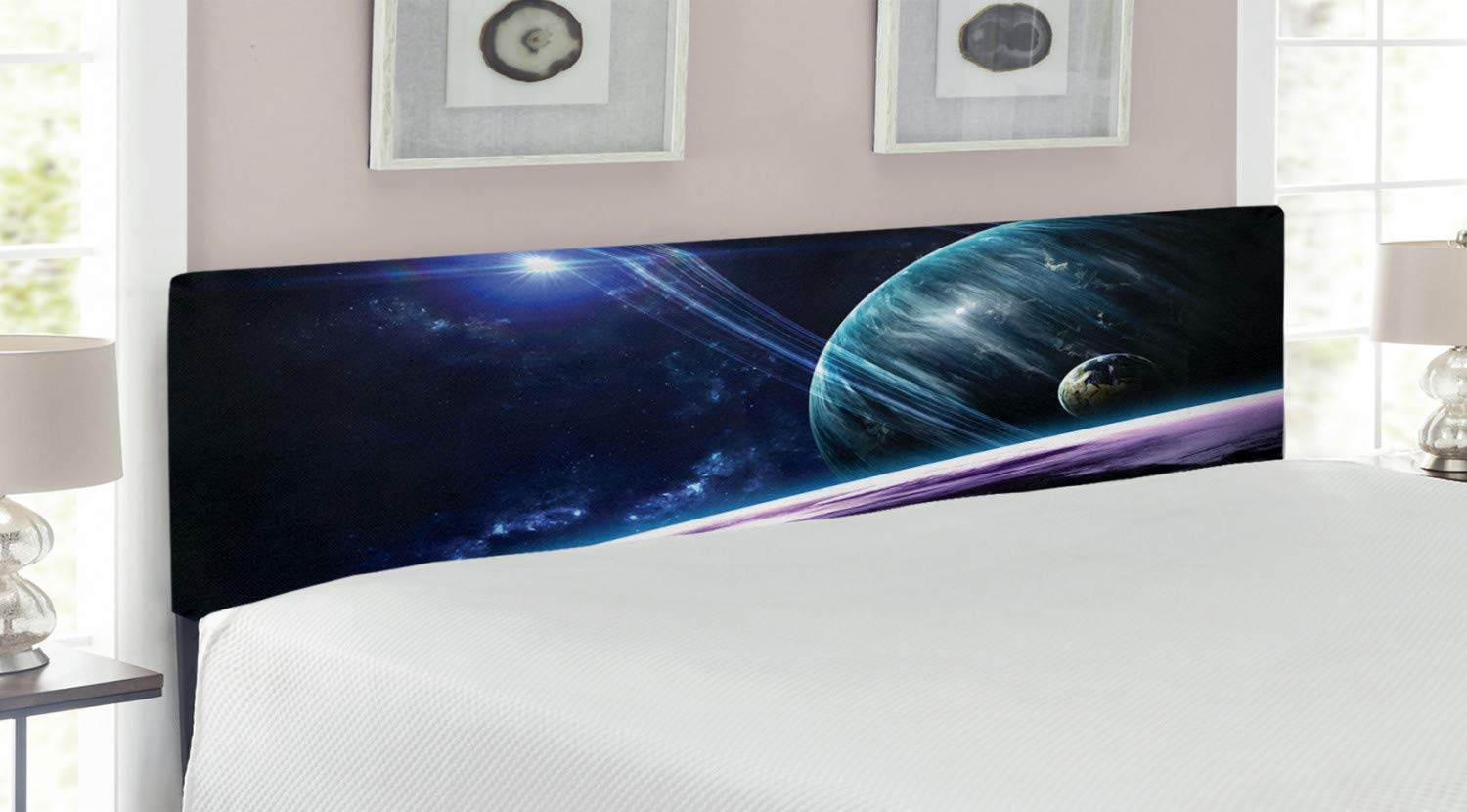 Ambesonne King Size Space Headboard - Celestial Astronomy Print with Planets & Luminous Effects, Upholstered Metal Bed Frame with Memory Foam in Blue Purple | Perfect for Galaxy Themed Bedrooms, Kids Room Decor & Astronomy Lovers
