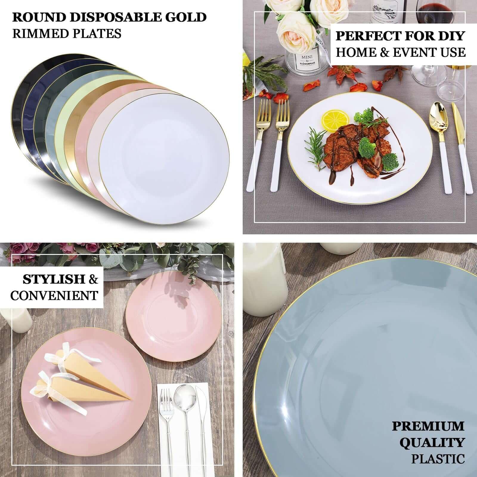 Efavormart 10 Pack 8 Inch Glossy Sage Green Round Plastic Dinner Plates with Gold Rim - Disposable Elegant Party Plates for Weddings, Bridal Showers, Birthday Celebrations & Special Events