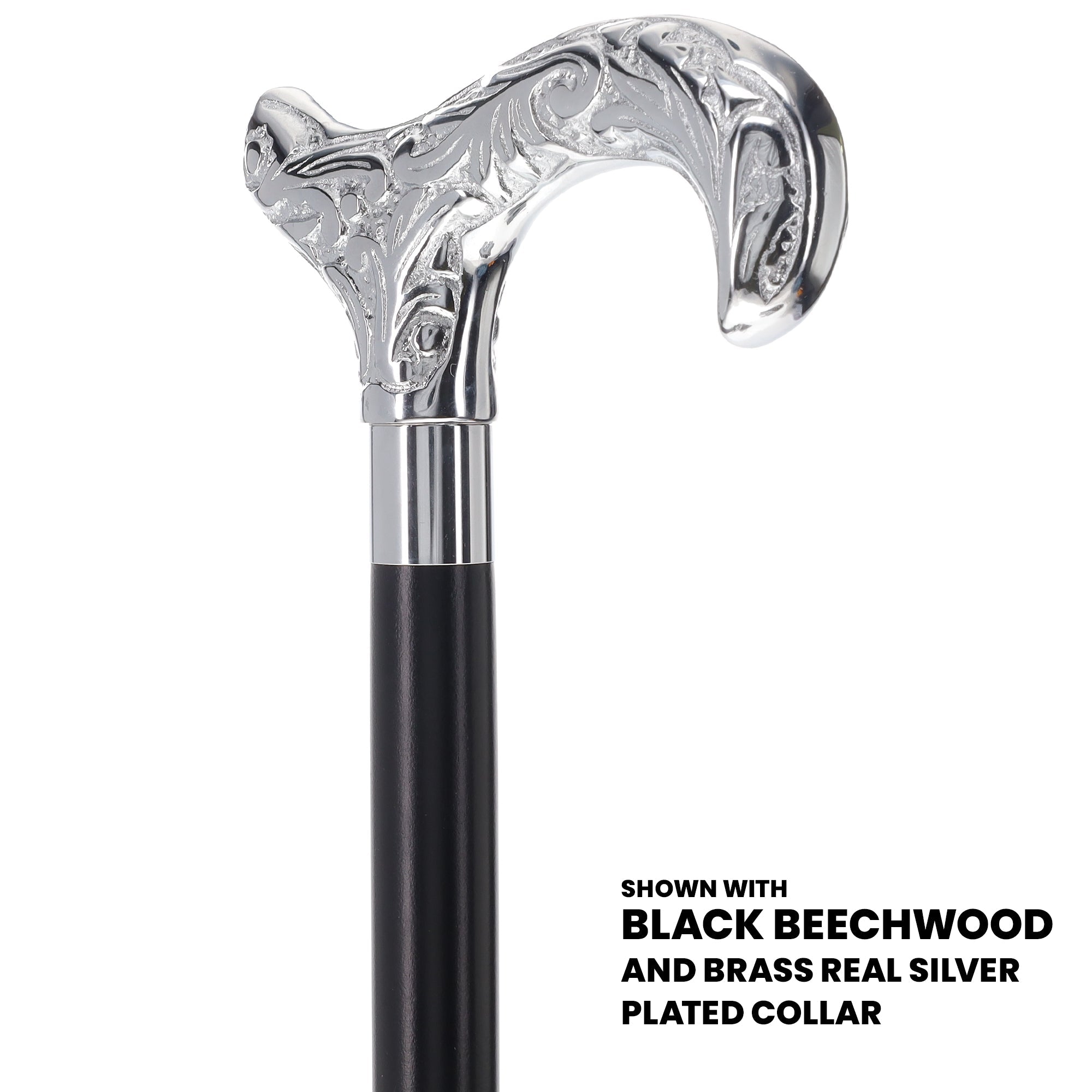 Premium Chrome Plated Derby Handle Walking Cane - Black Beechwood Shaft with Aluminum Silver Collar (Model V2064) - Scratch & Dent Discount - Ideal for Seniors, Hiking & Mobility Support