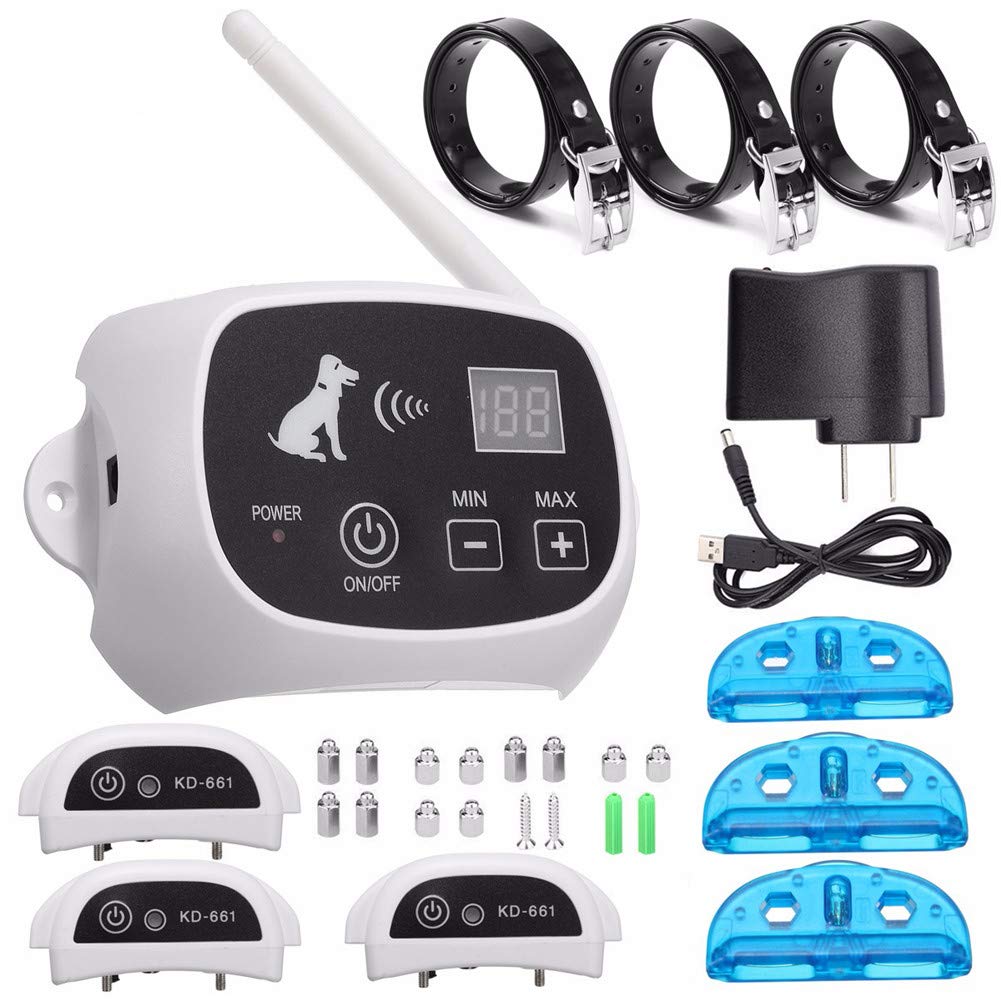 Wireless Dog Fence System - Safe & Effective Electric Pet Containment with Waterproof Collar, Adjustable Shock/Beep Intensity & Display Distance - Ideal for 3 Dogs - Perfect for Backyard, Farm & Large Property Pet Safety