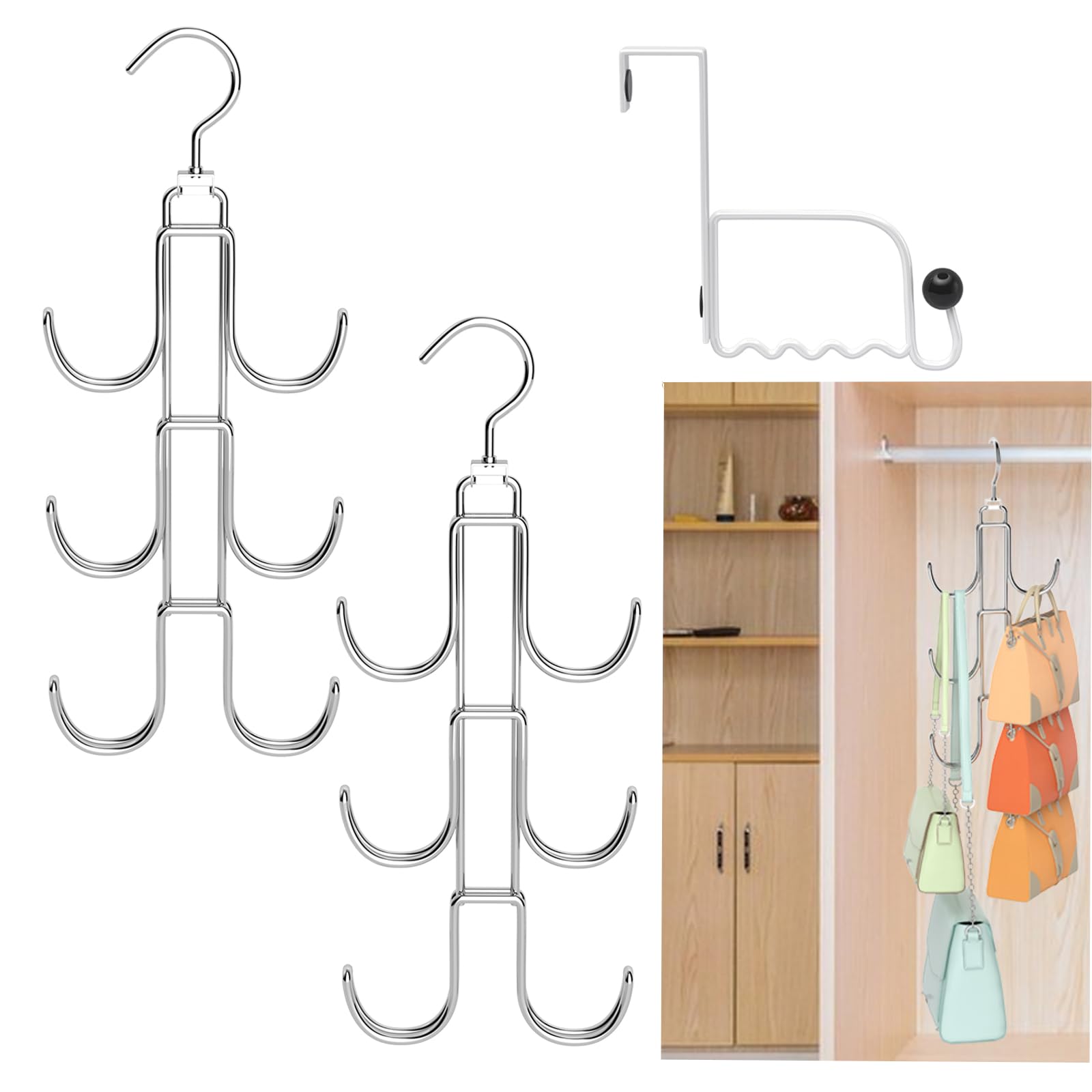 3 Pack Silver Purse Hangers - Durable Bag Holder Hooks for Closet Organization, Women's Handbag & Coat Scarf Storage - Perfect for Home, Office, and Travel Use
