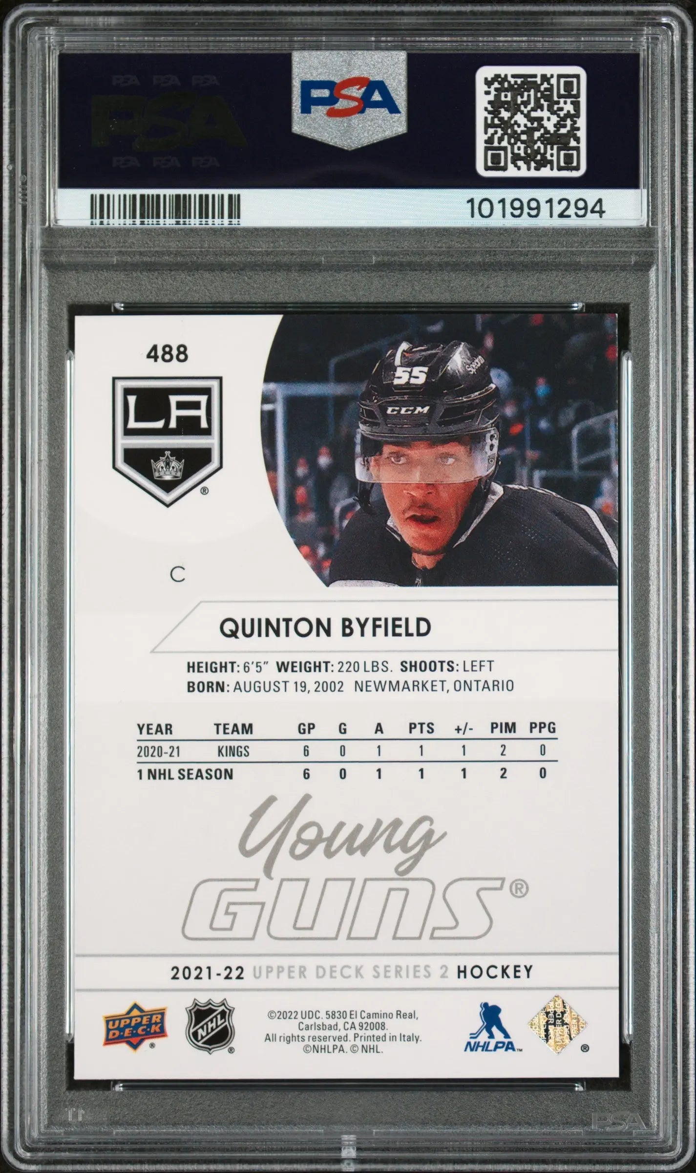 2021-2022 Upper Deck Series 2 Hockey Quinton Byfield Young Guns Rookie Card PSA 8 Graded - Perfect for NHL Collectors, Sports Memorabilia Enthusiasts & Hockey Card Investors