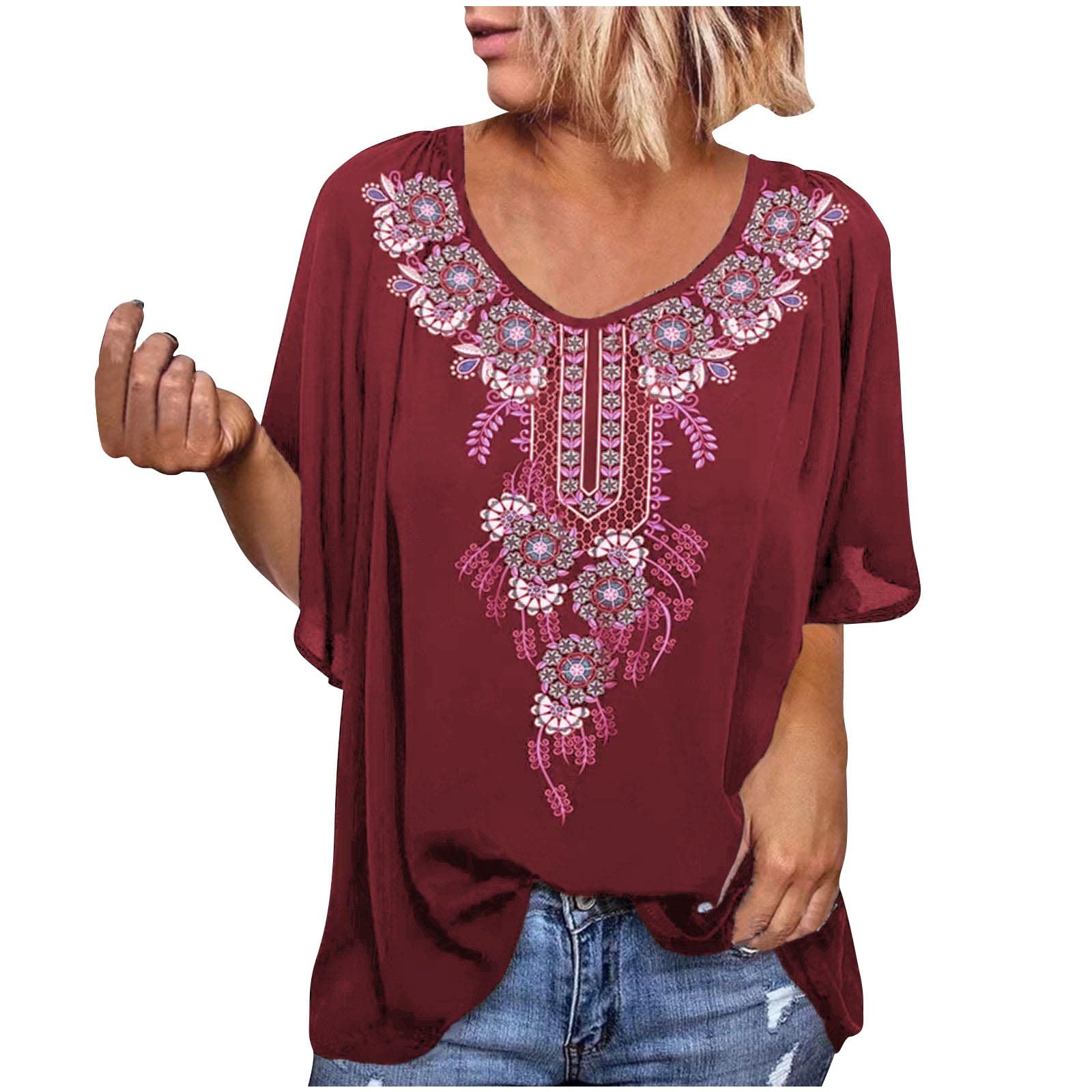 Bohemian Printed Women's Summer Tops - Round Neck Short Sleeve Casual T-Shirt | Vacation Beachwear & Everyday Comfort Wear