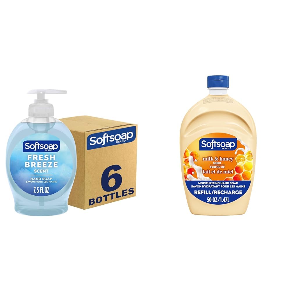 Softsoap Liquid Hand Soap Fresh Breeze 6-Pack with 50oz Milk & Honey Scented Refill - Gentle Cleansing for Kitchen, Bathroom & Office Use